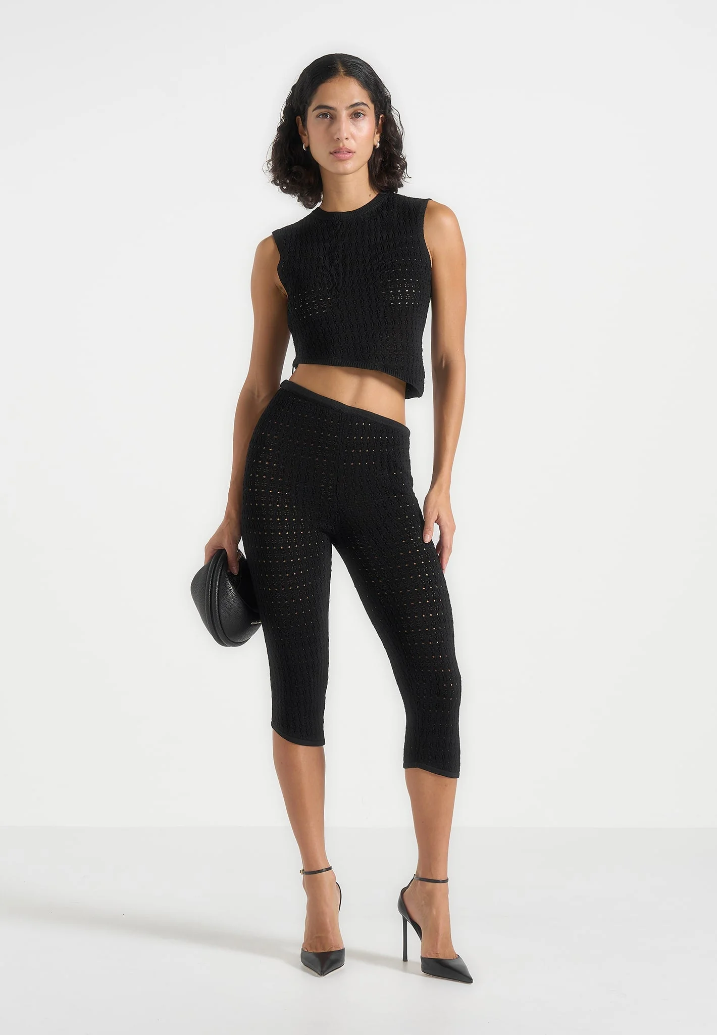 Piper - Pointelle Asymmetric Capri Leggings - Black - Image 2
