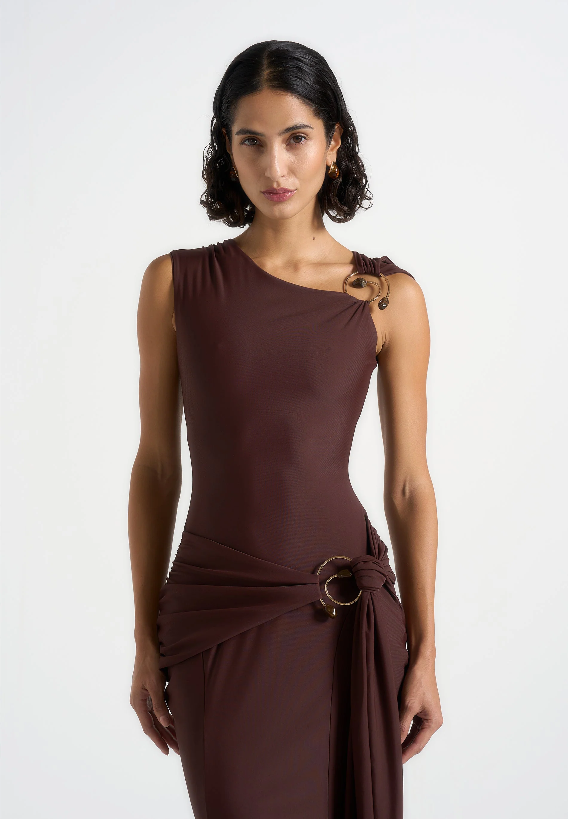 Rania - Asymmetric Draped Maxi Dress - Brown - Image 3