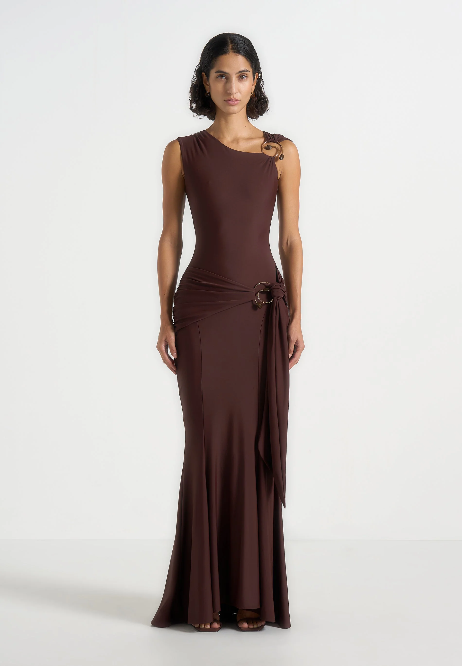 Rania - Asymmetric Draped Maxi Dress - Brown - Image 4