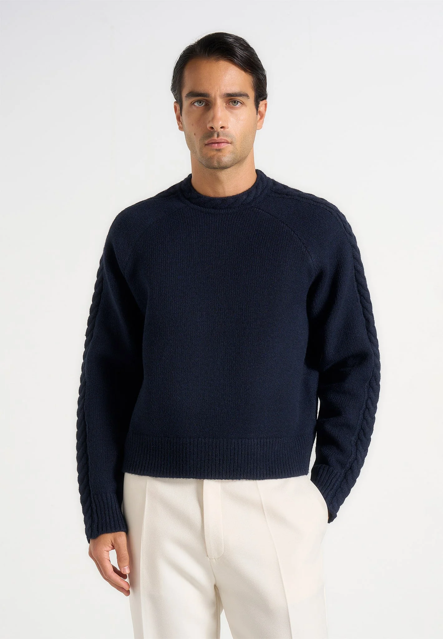 Raymond - Plait Detail Raglan Knit Sweater - Navy