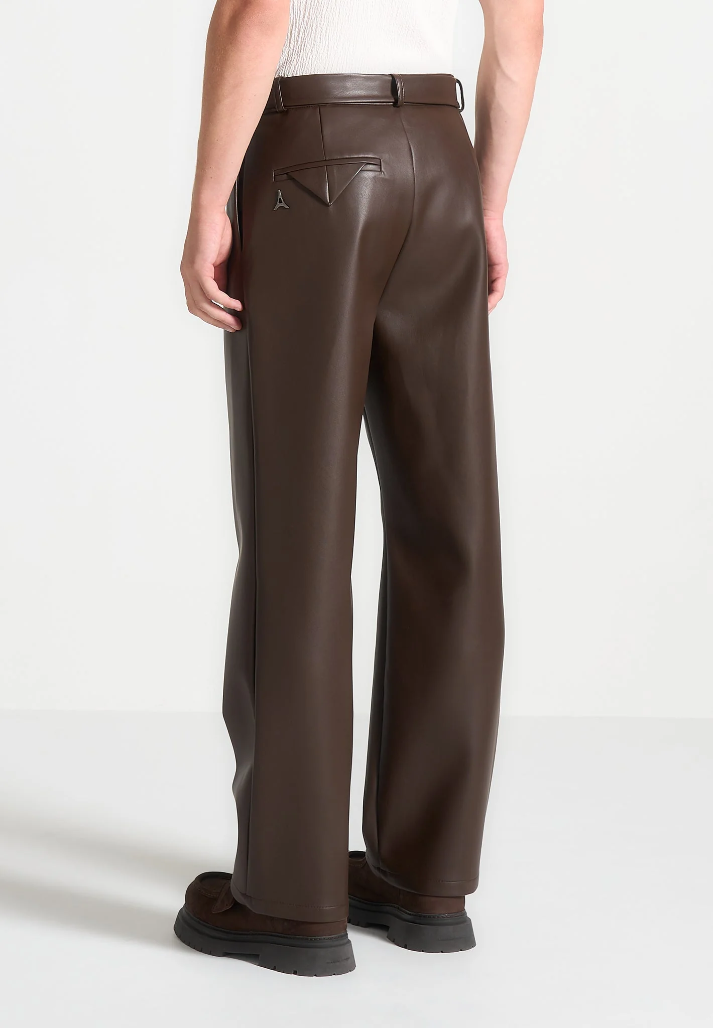 Serge - Relaxed Fit Leather Pleated Trousers - Brown - Image 3