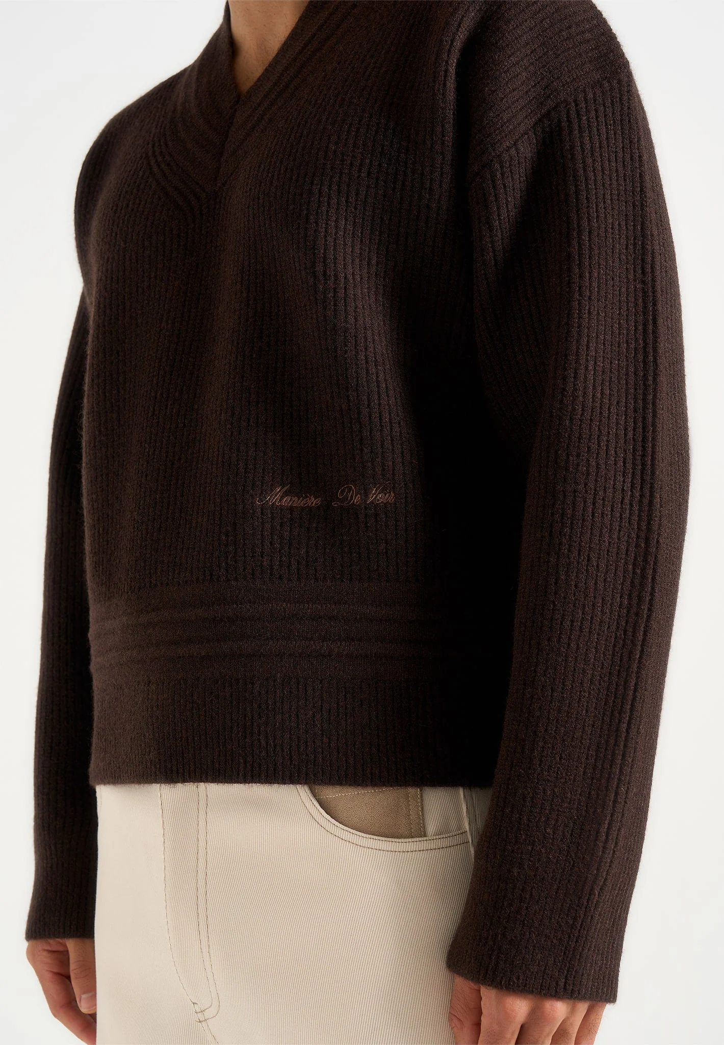 Remi - V-Neck Signature Knit Sweater - Brown - Image 3