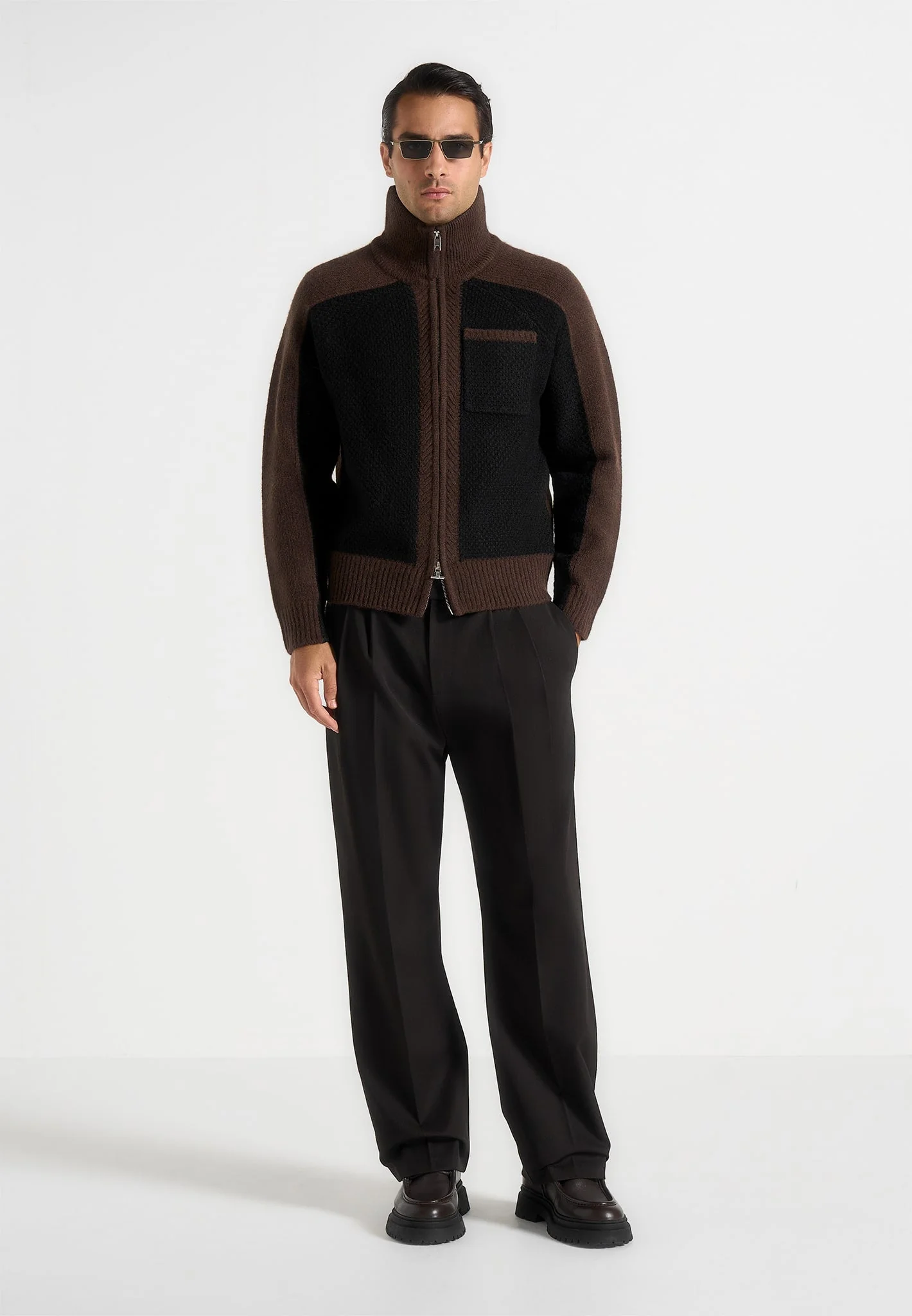 Rene - Colour Block Zip Through Cardigan - Black/Brown - Image 2