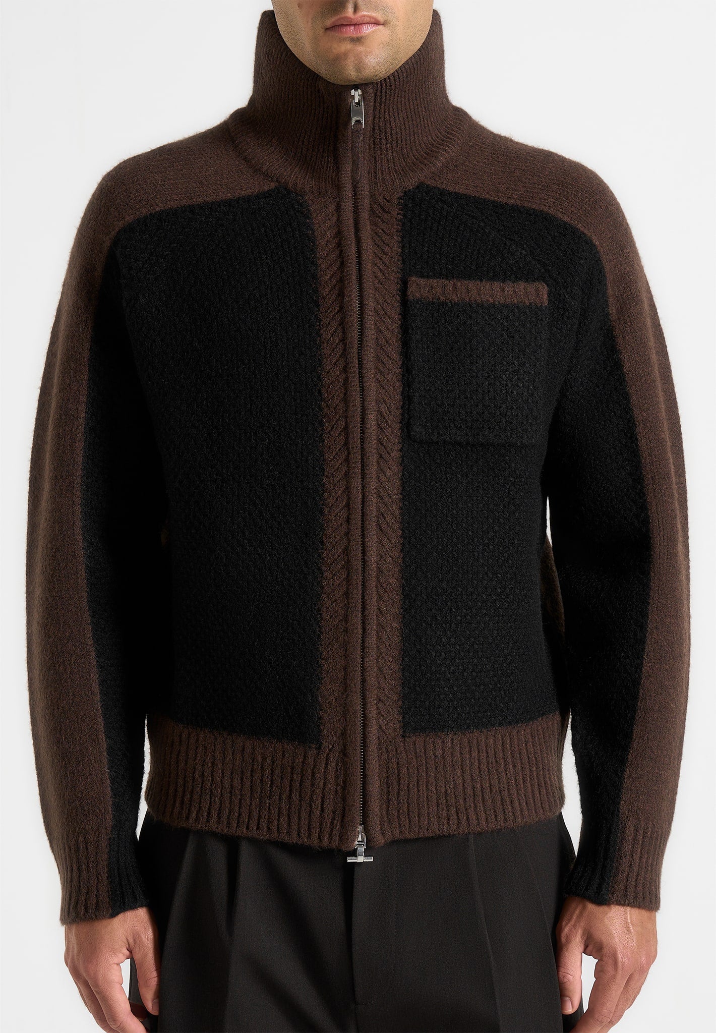 Rene - Colour Block Zip Through Cardigan - Black/Brown - Image 3