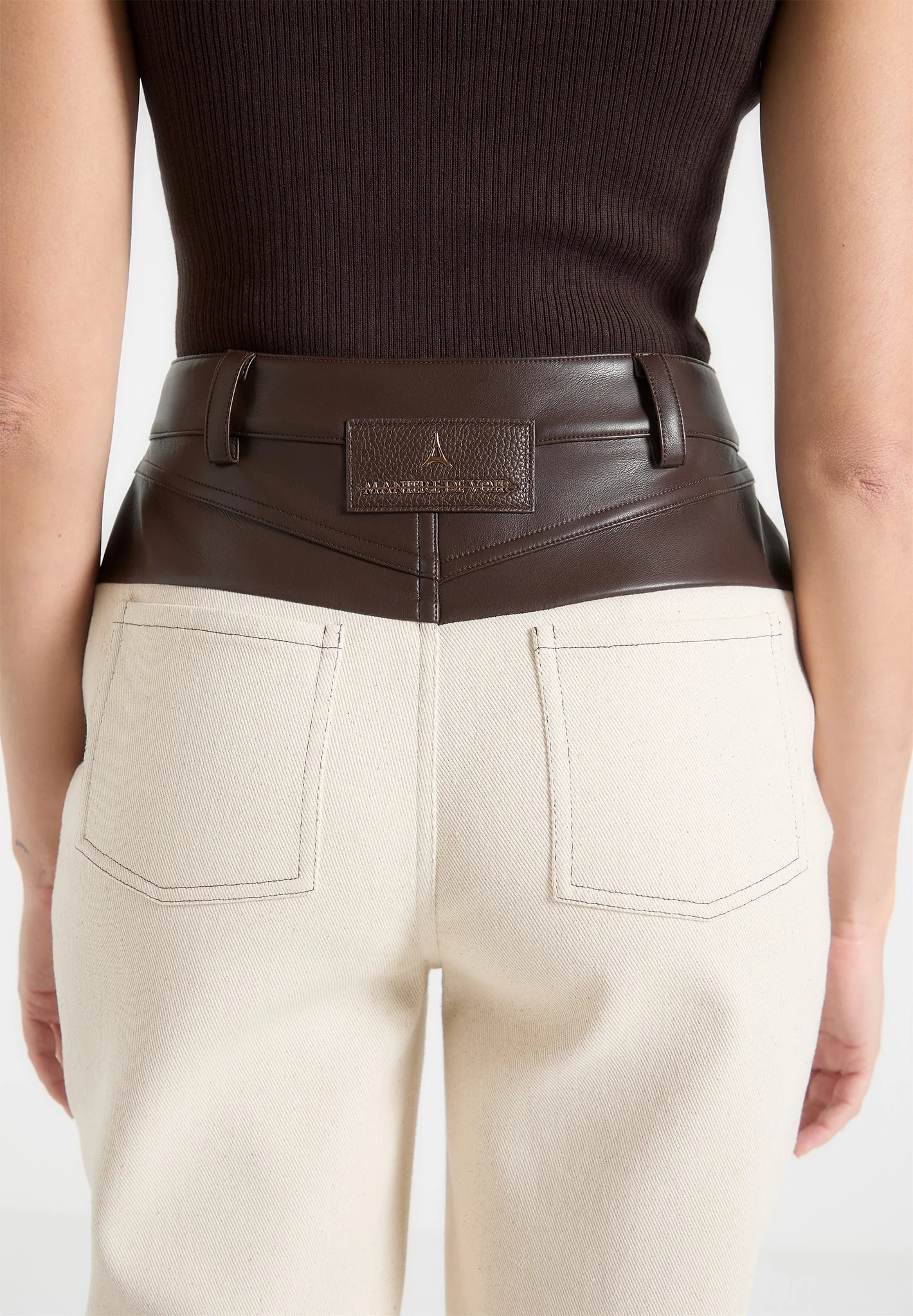 Renee - Denim & Leather Straight Leg Jeans - Cream/Brown - Image 4