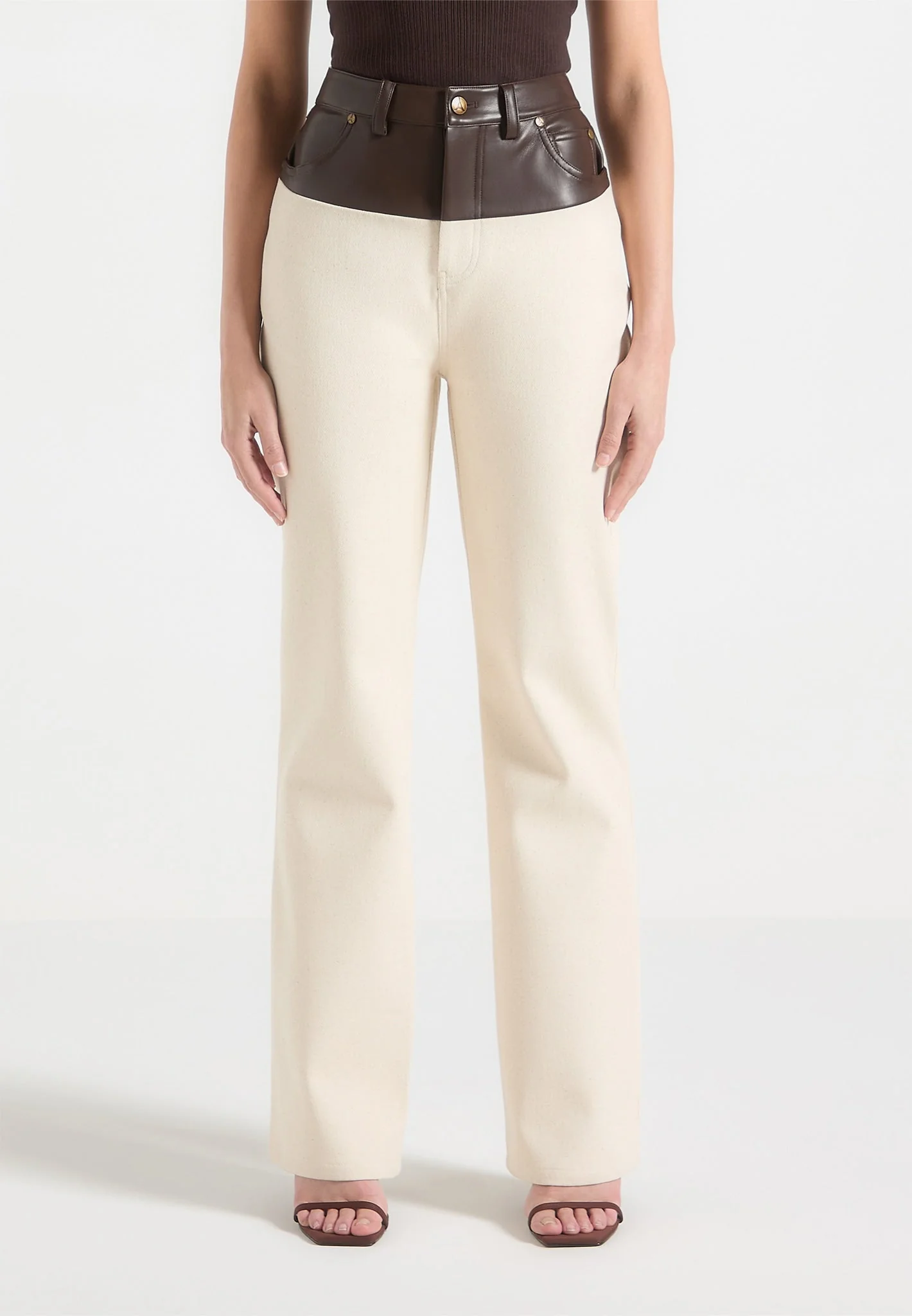 Renee - Denim & Leather Straight Leg Jeans - Cream/Brown - Image 5