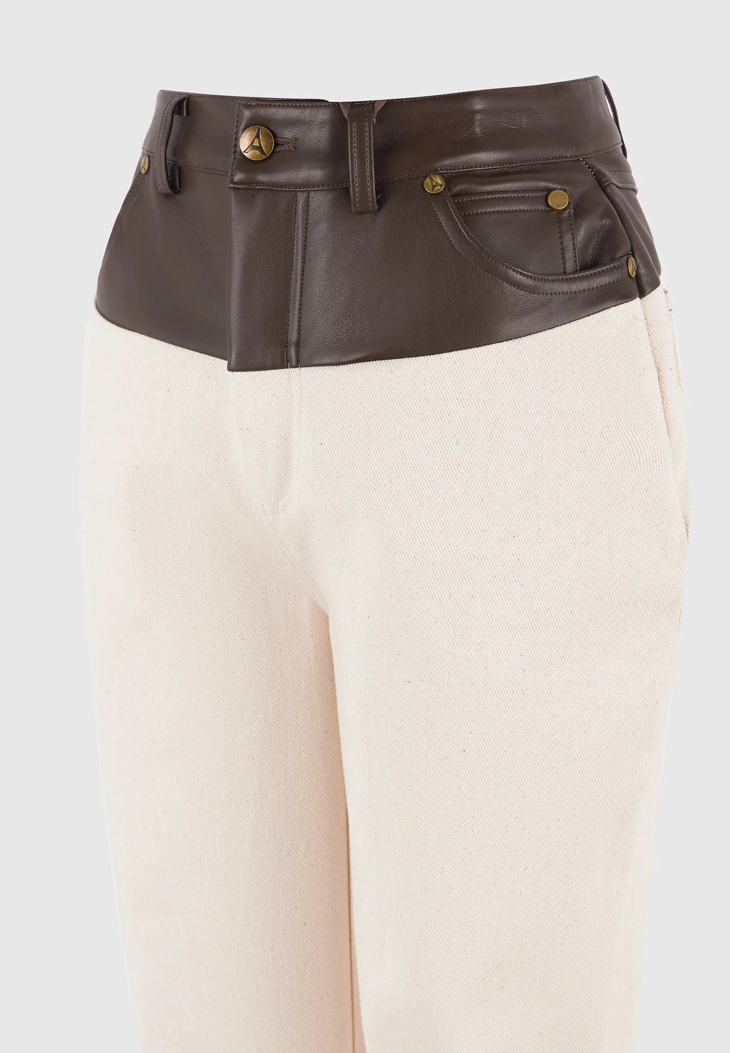 Renee - Denim & Leather Straight Leg Jeans - Cream/Brown - Image 8