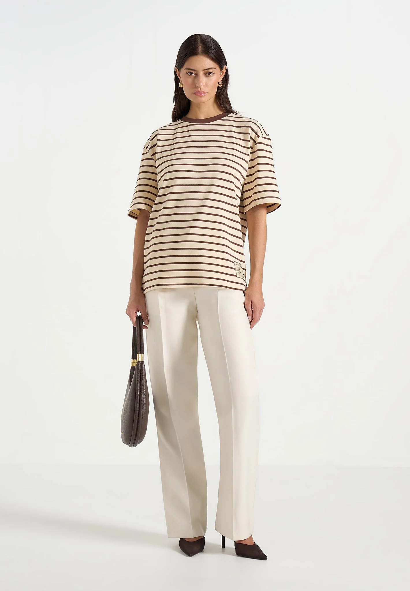 Riley - Unisex Striped Relaxed Fit Cotton T-Shirt - Cream/Brown