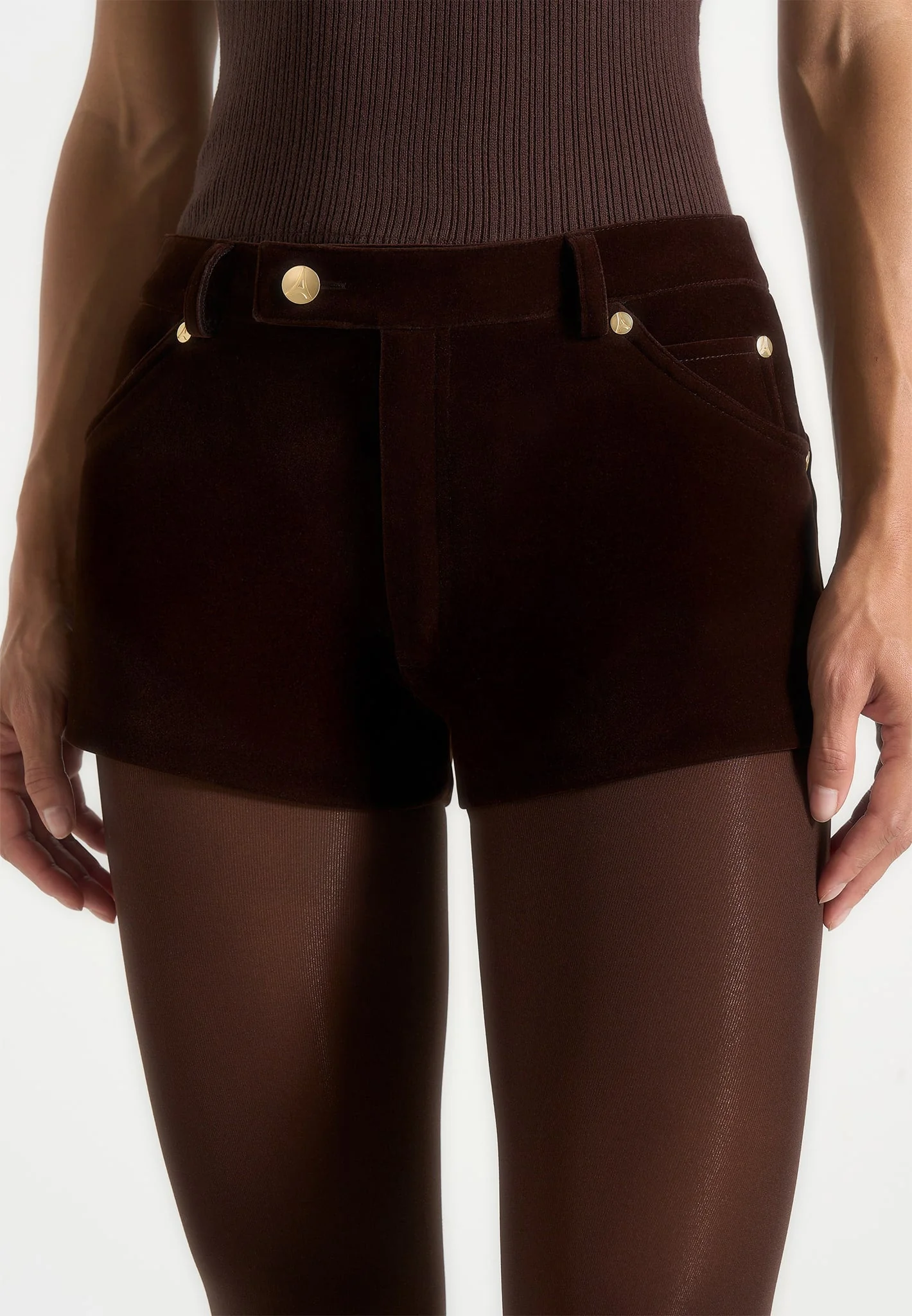 Samia - Velvet Patent Mini Shorts - Brown - Image 3