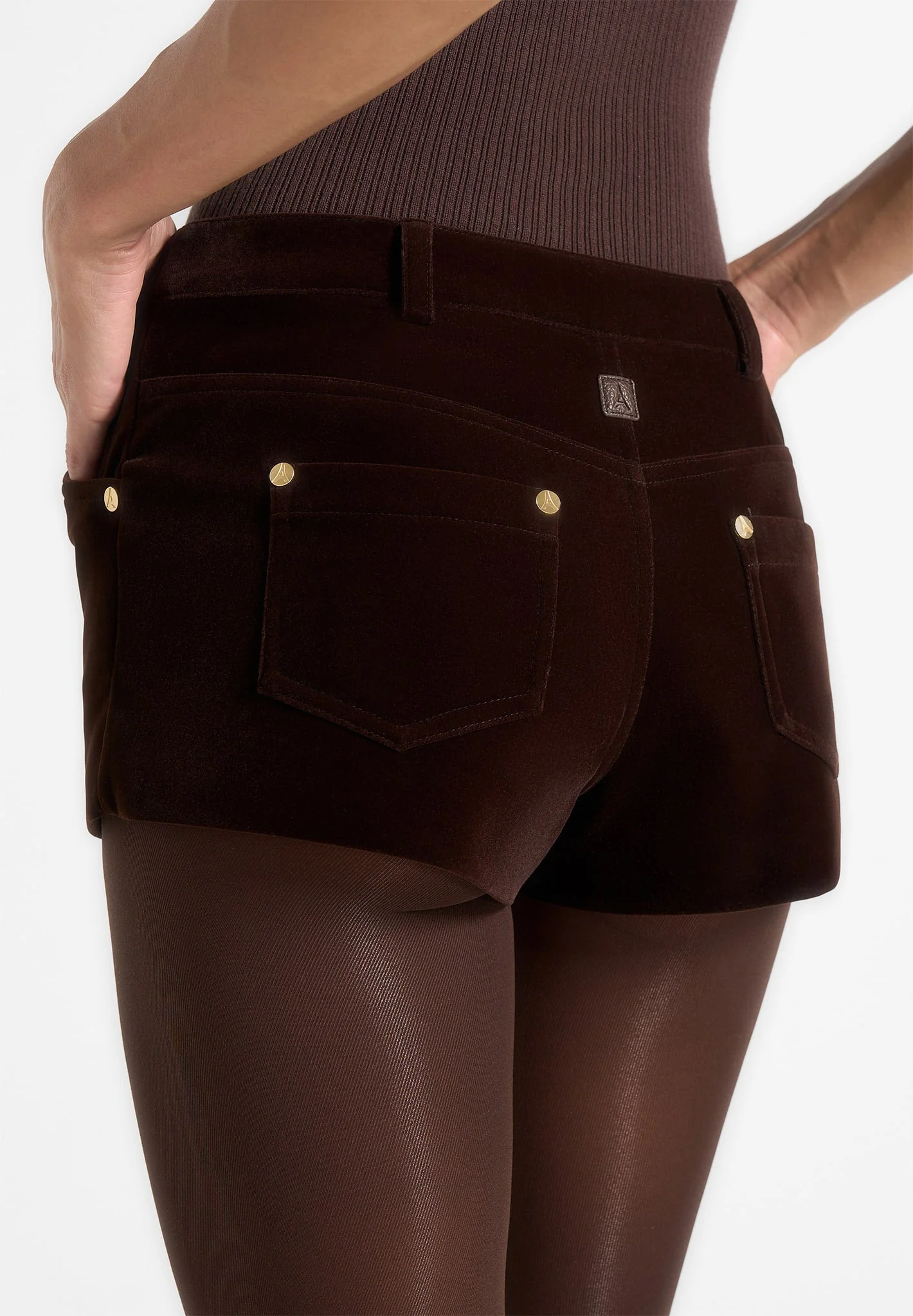 Samia - Velvet Patent Mini Shorts - Brown - Image 4