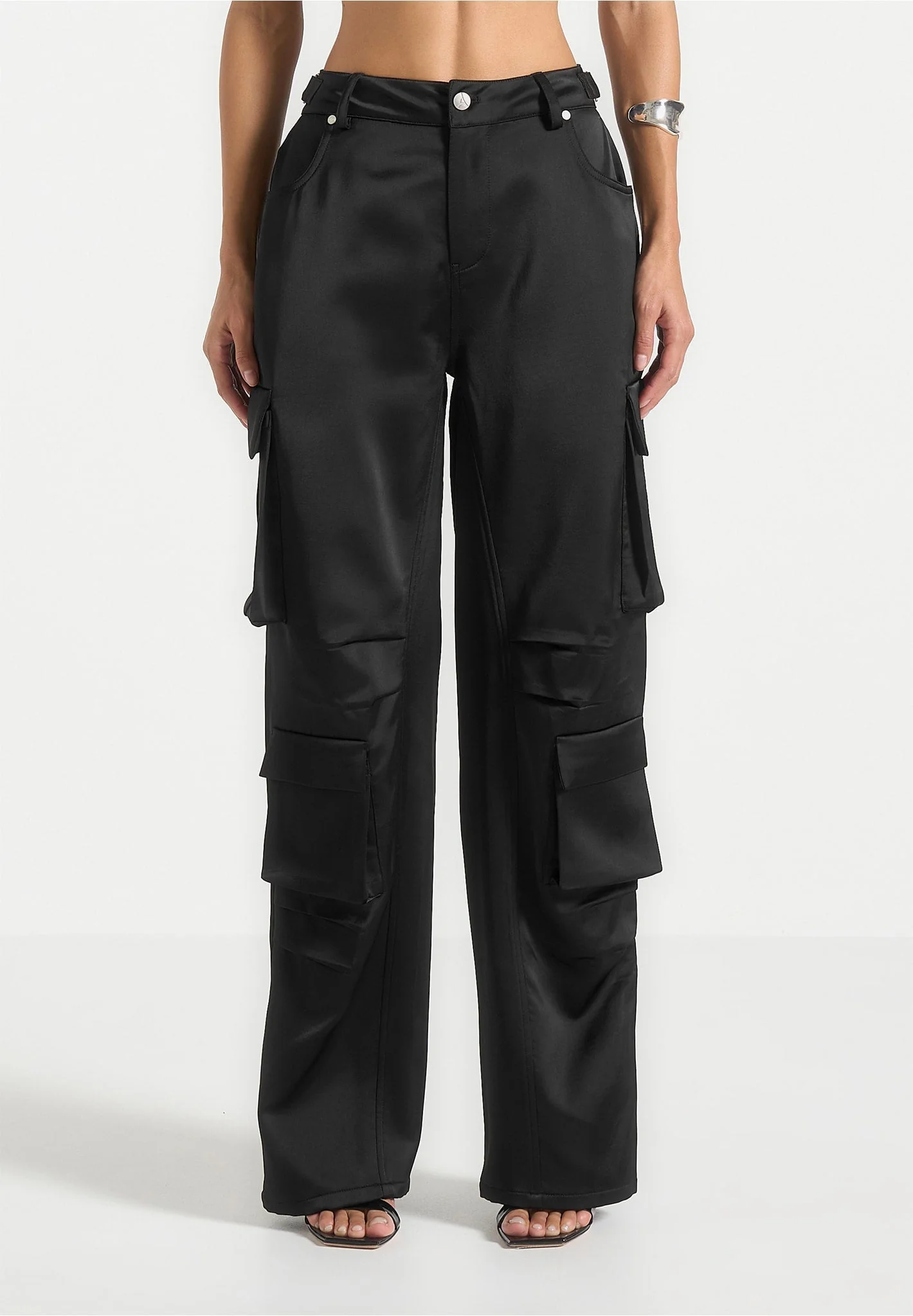 Emilie - Satin High Waisted Cargo Pants - Black - Image 6