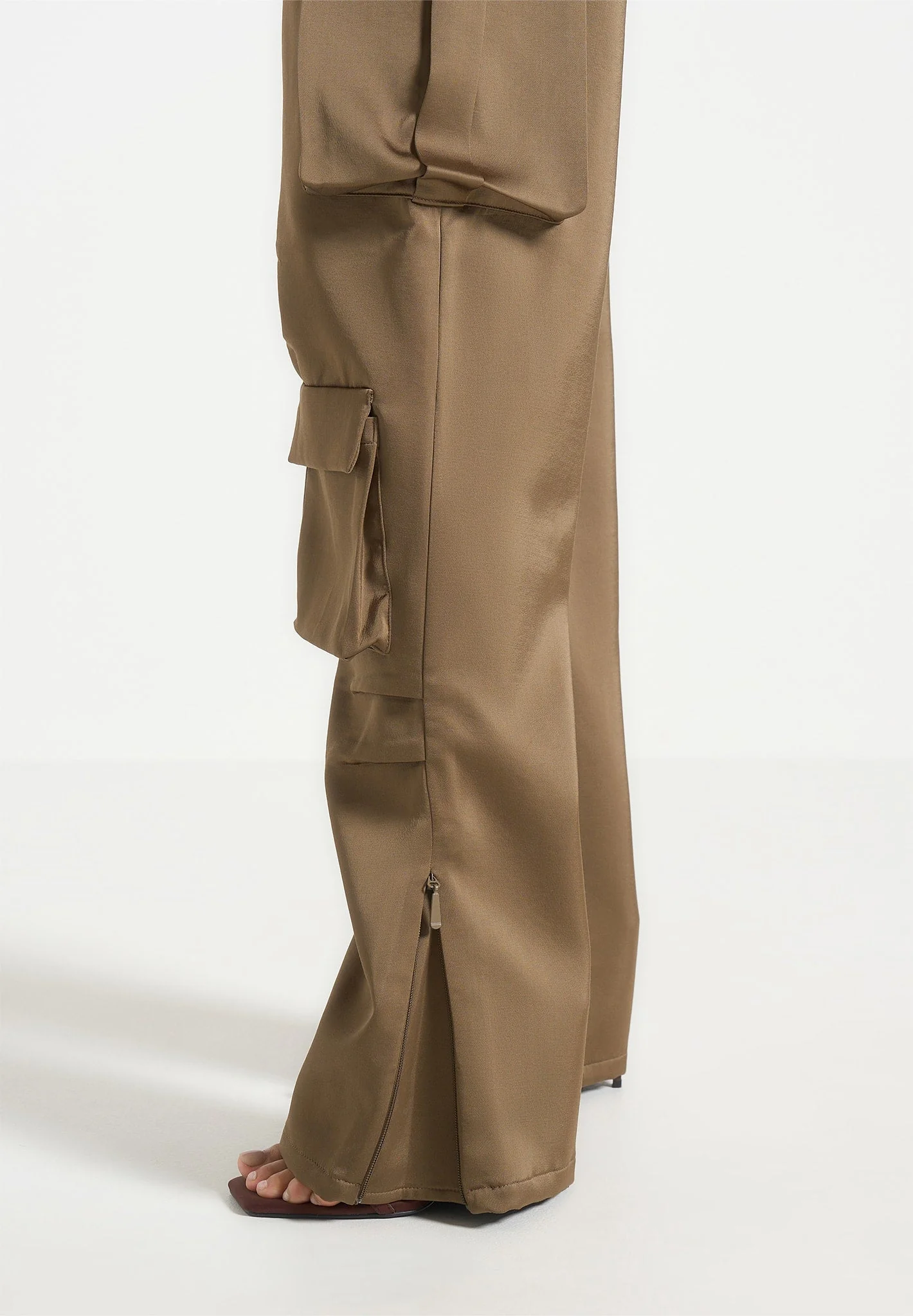 Emilie - Satin High Waisted Cargo Pants - Dark Olive - Image 3