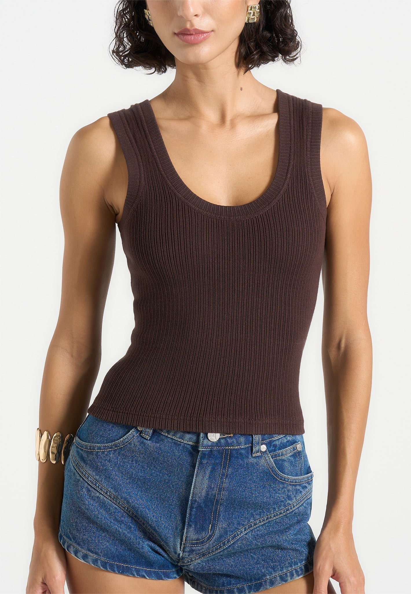 Liane - Scoop Neck Ribbed Tank Top - Brown