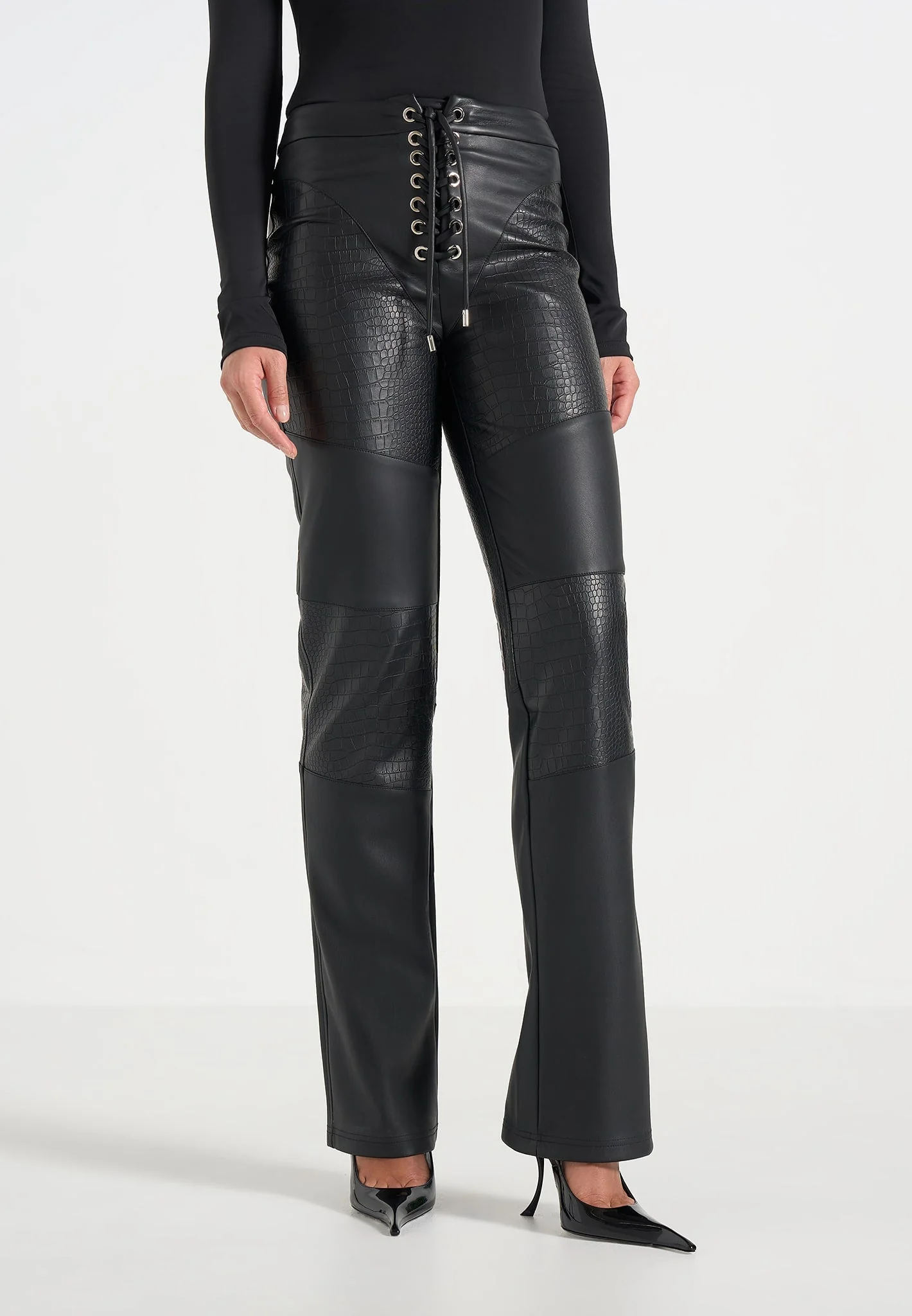 Seren - Croc Embossed Lace Up Trousers - Black