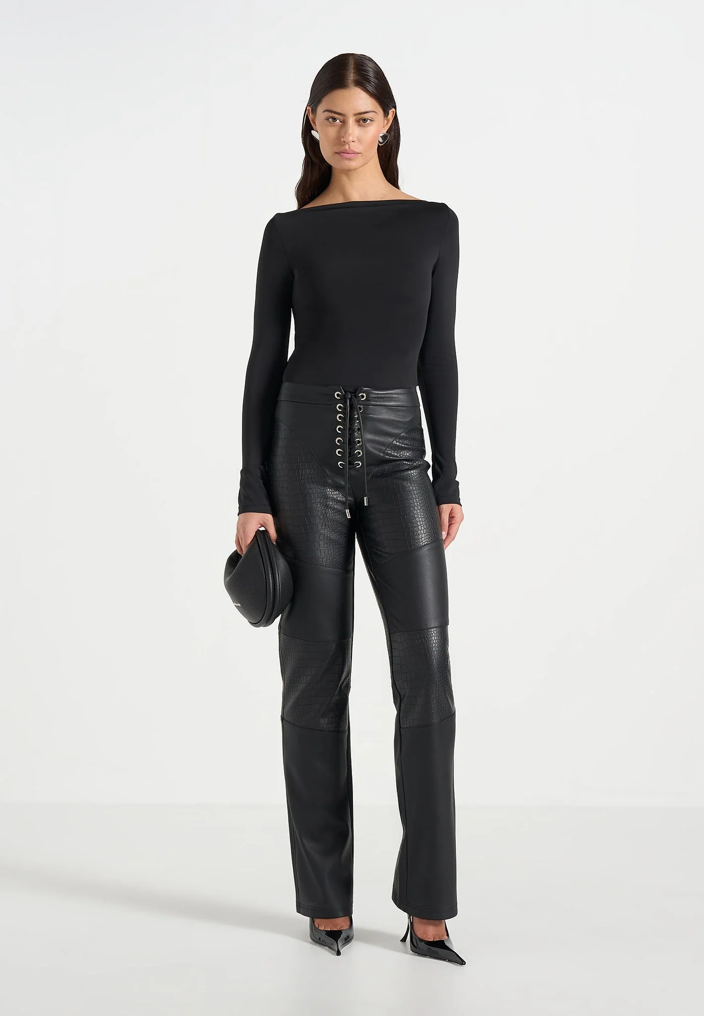 Seren - Croc Embossed Lace Up Trousers - Black - Image 2