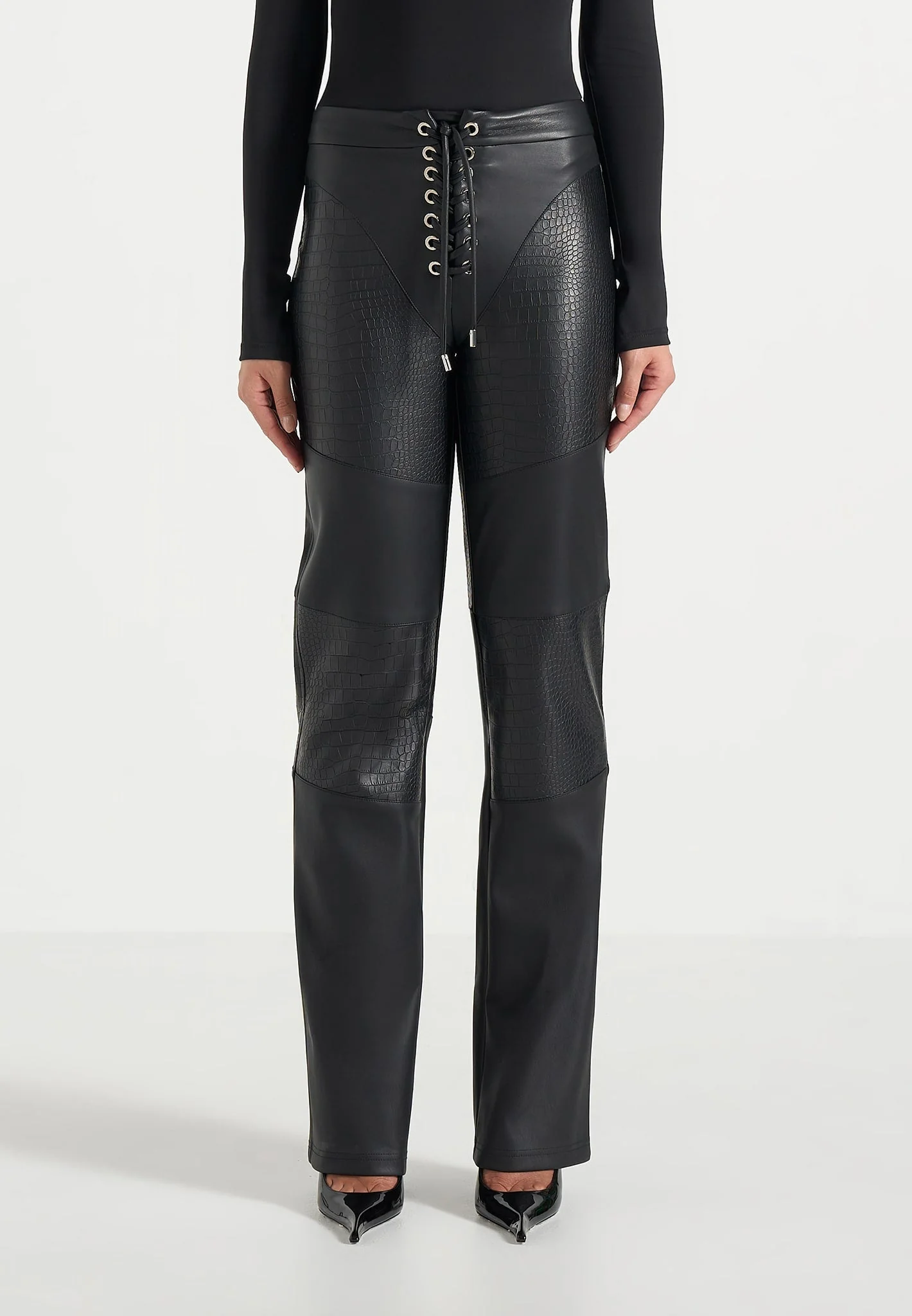 Seren - Croc Embossed Lace Up Trousers - Black - Image 3