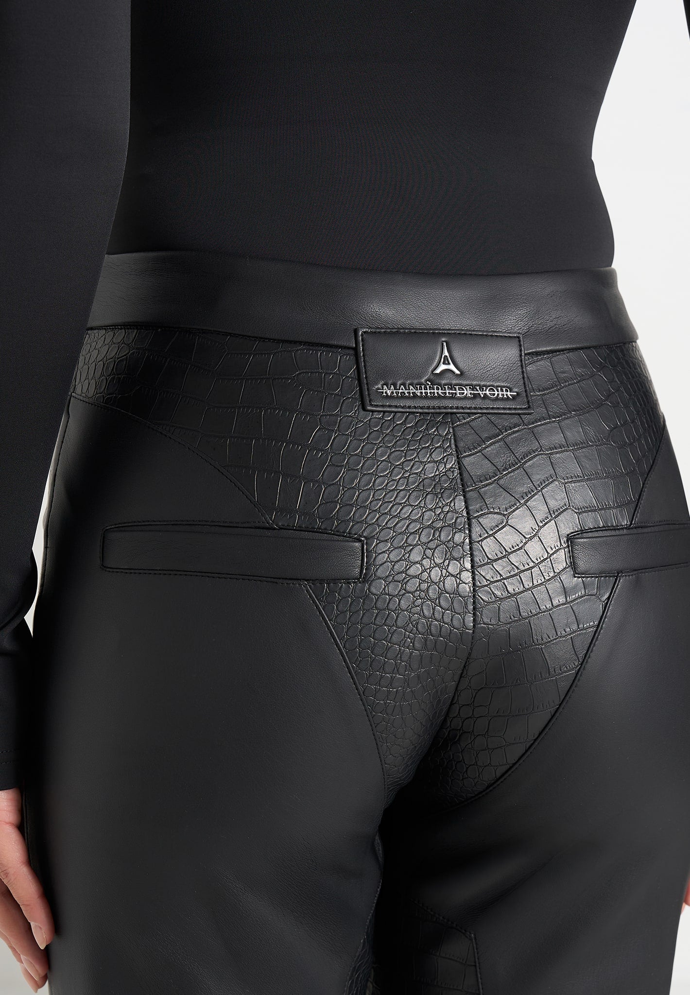 Seren - Croc Embossed Lace Up Trousers - Black - Image 4