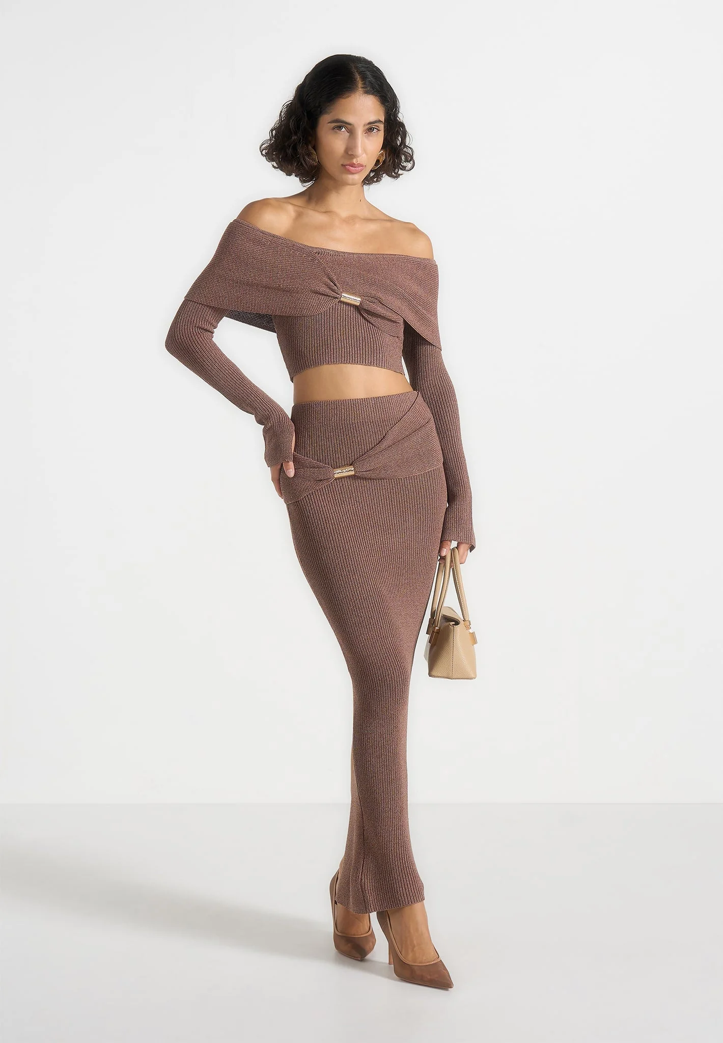Shana - Asymmetric Bardot Top With Hardware Detail - Taupe - Image 2