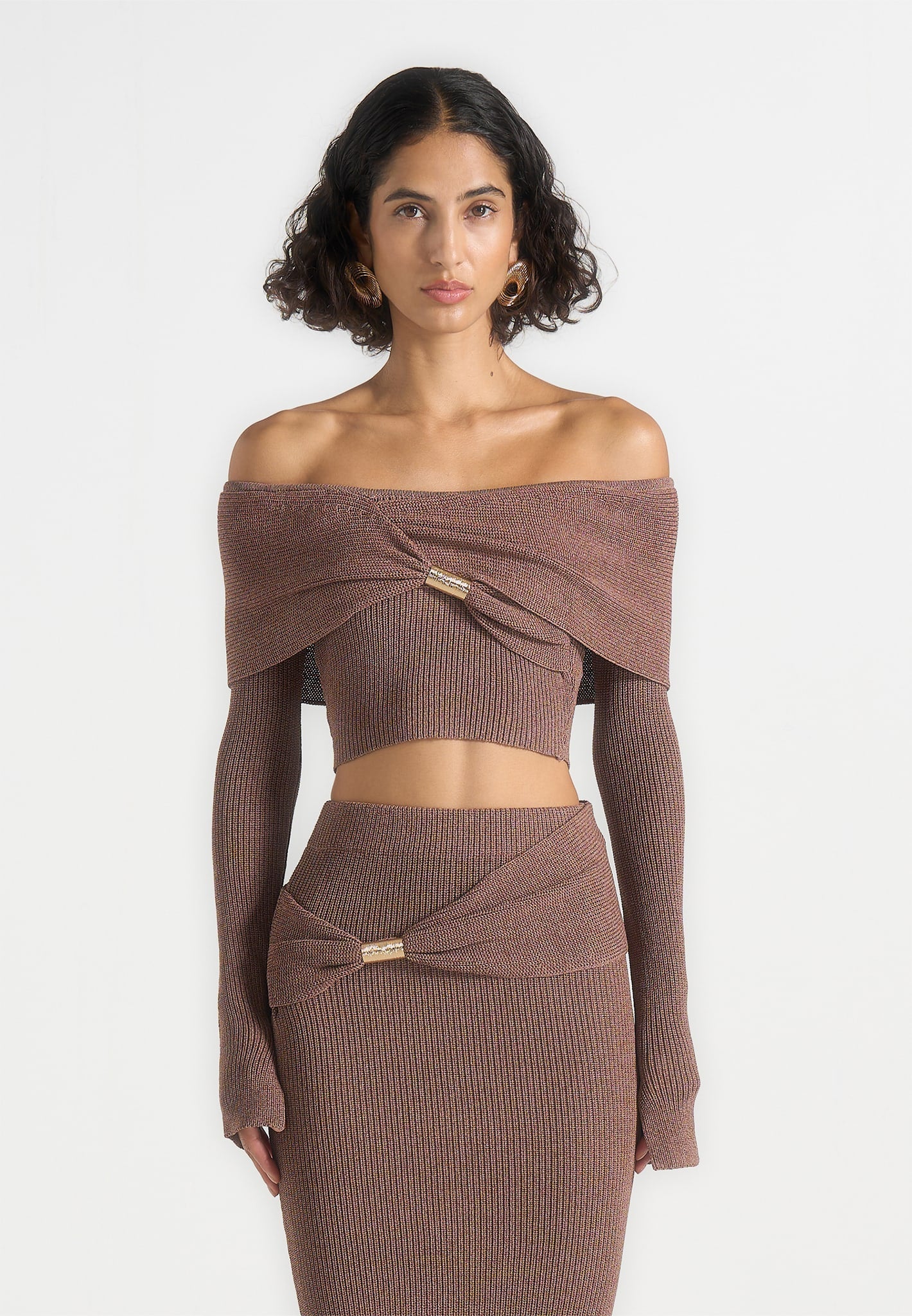 Shana - Asymmetric Bardot Top With Hardware Detail - Taupe - Image 3