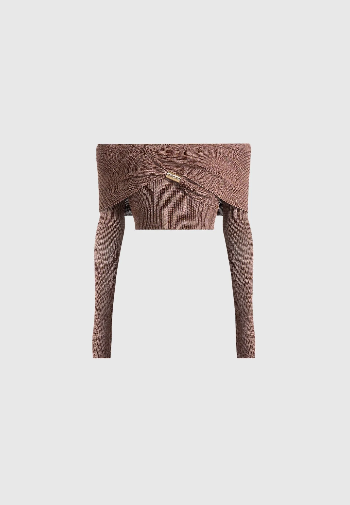 Shana - Asymmetric Bardot Top With Hardware Detail - Taupe - Image 5