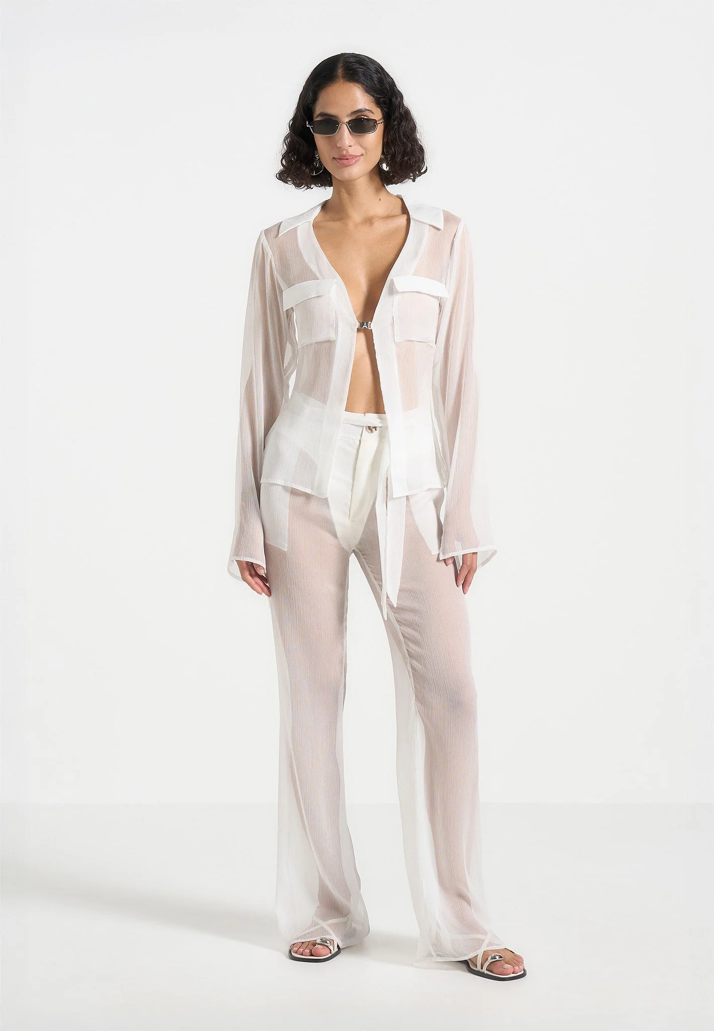 Sheer Belted Trousers - White - Image 2