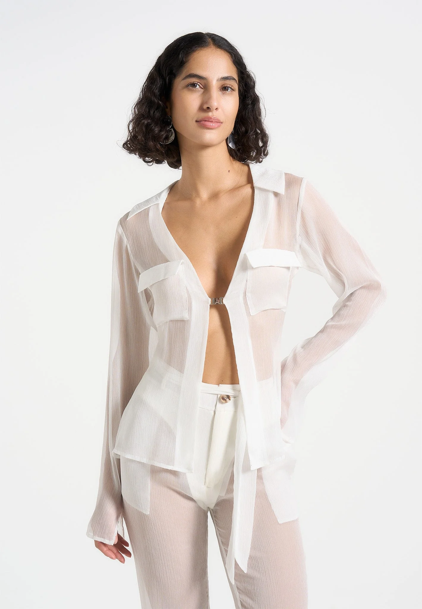 Sheer Shirt with Clasp - White - Image 3