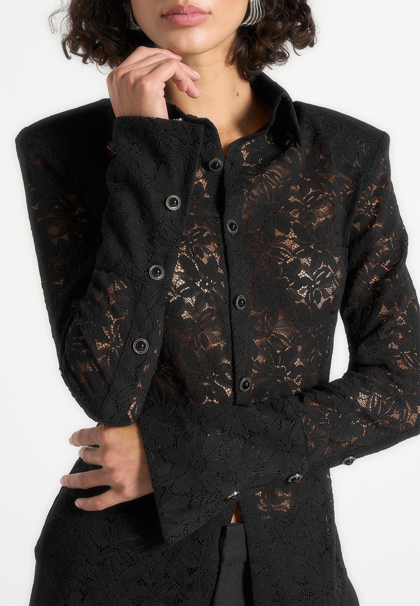 Sila - Wide Shoulder Lace Angled Shirt - Black - Image 3