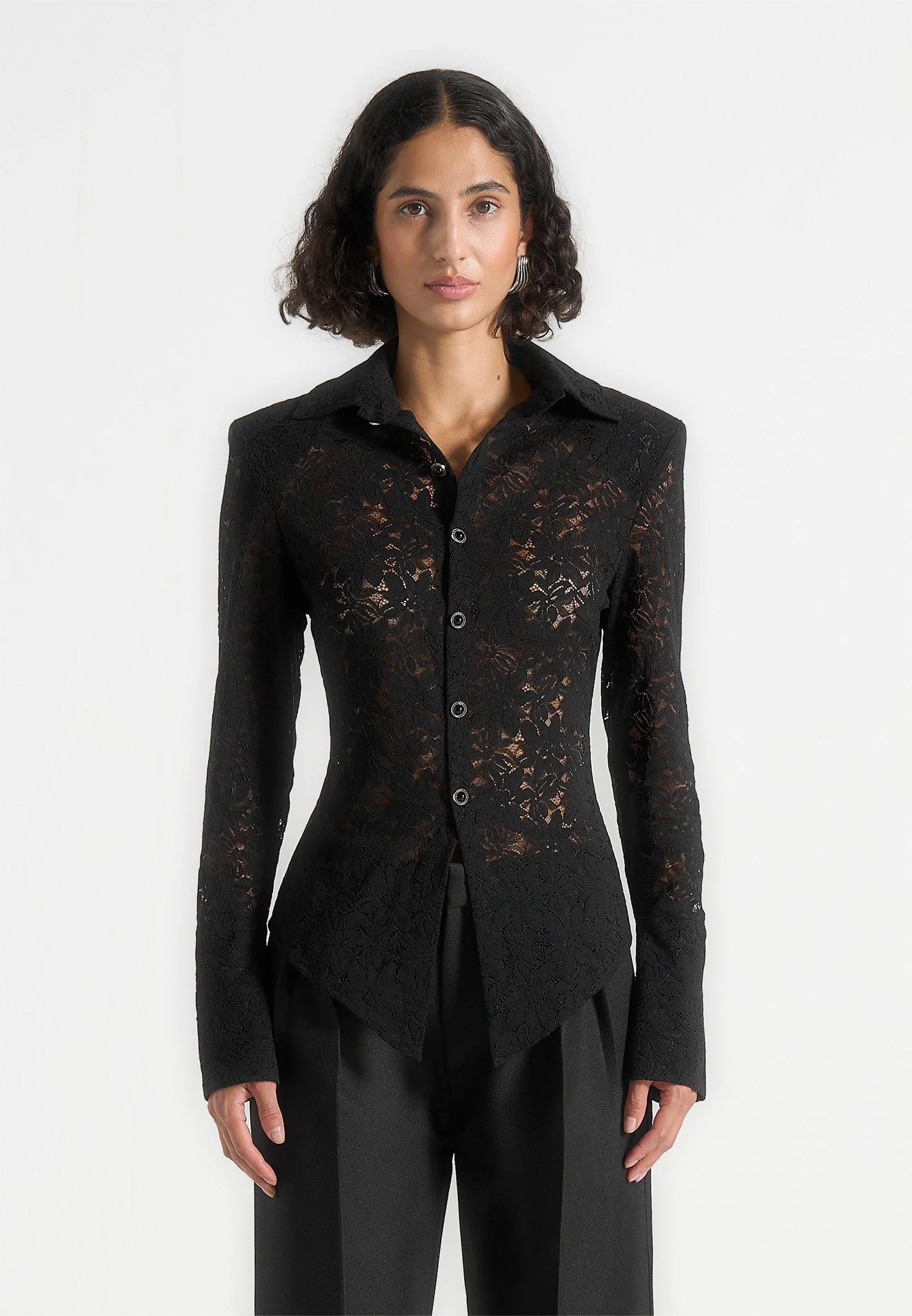 Sila - Wide Shoulder Lace Angled Shirt - Black - Image 4