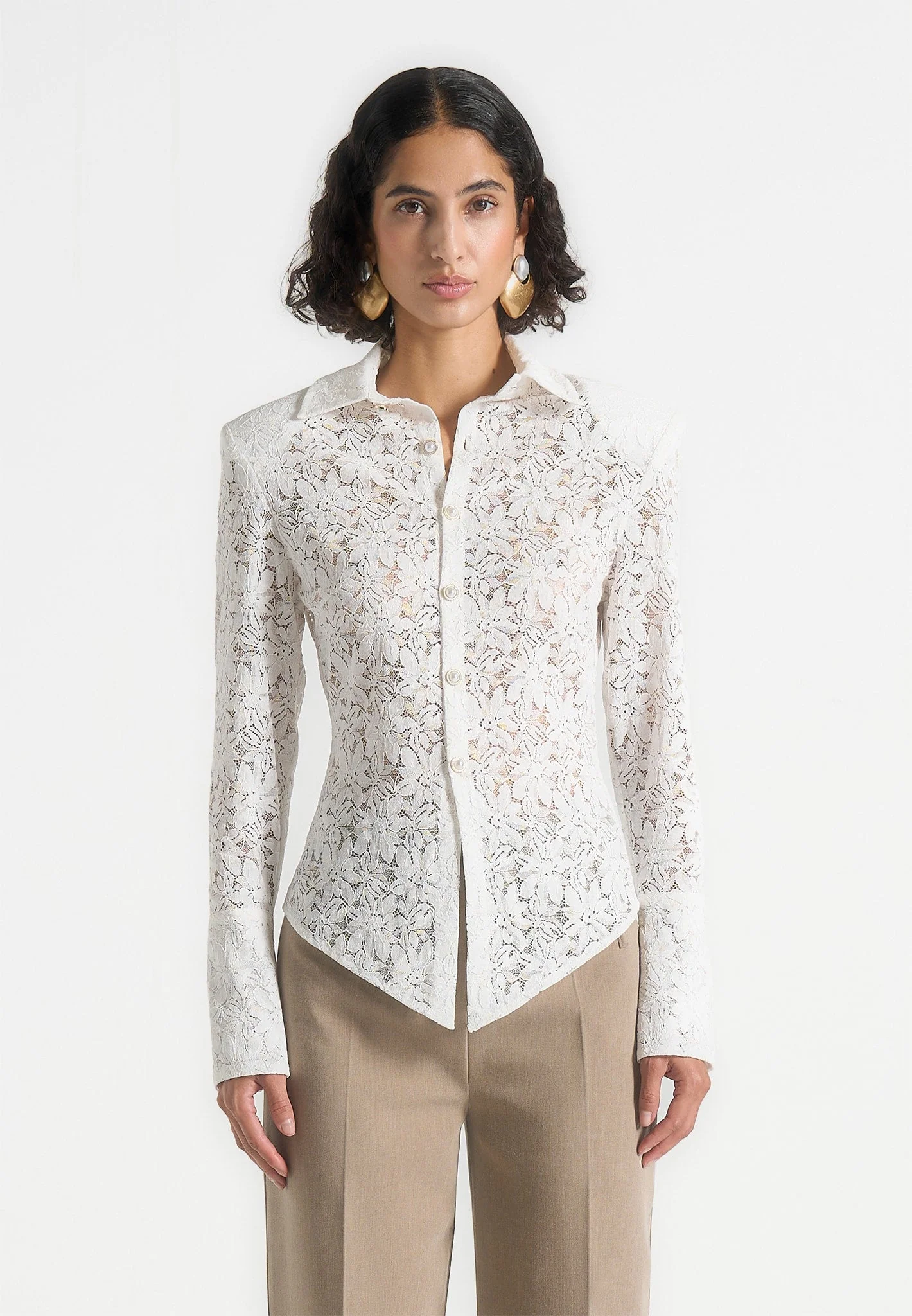Sila -  Wide Shoulder Lace Angled Shirt - White - Image 4