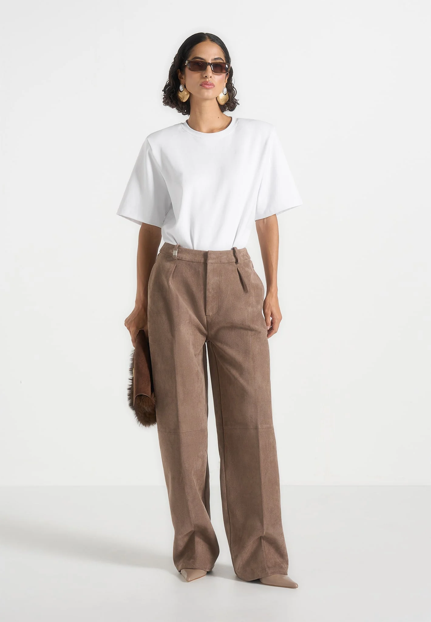 Solene - Suede Wide Leg Pleated Trousers - Taupe
