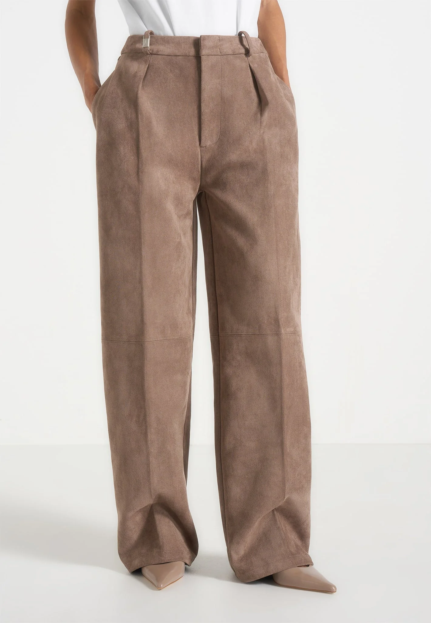 Solene - Suede Wide Leg Pleated Trousers - Taupe - Image 2