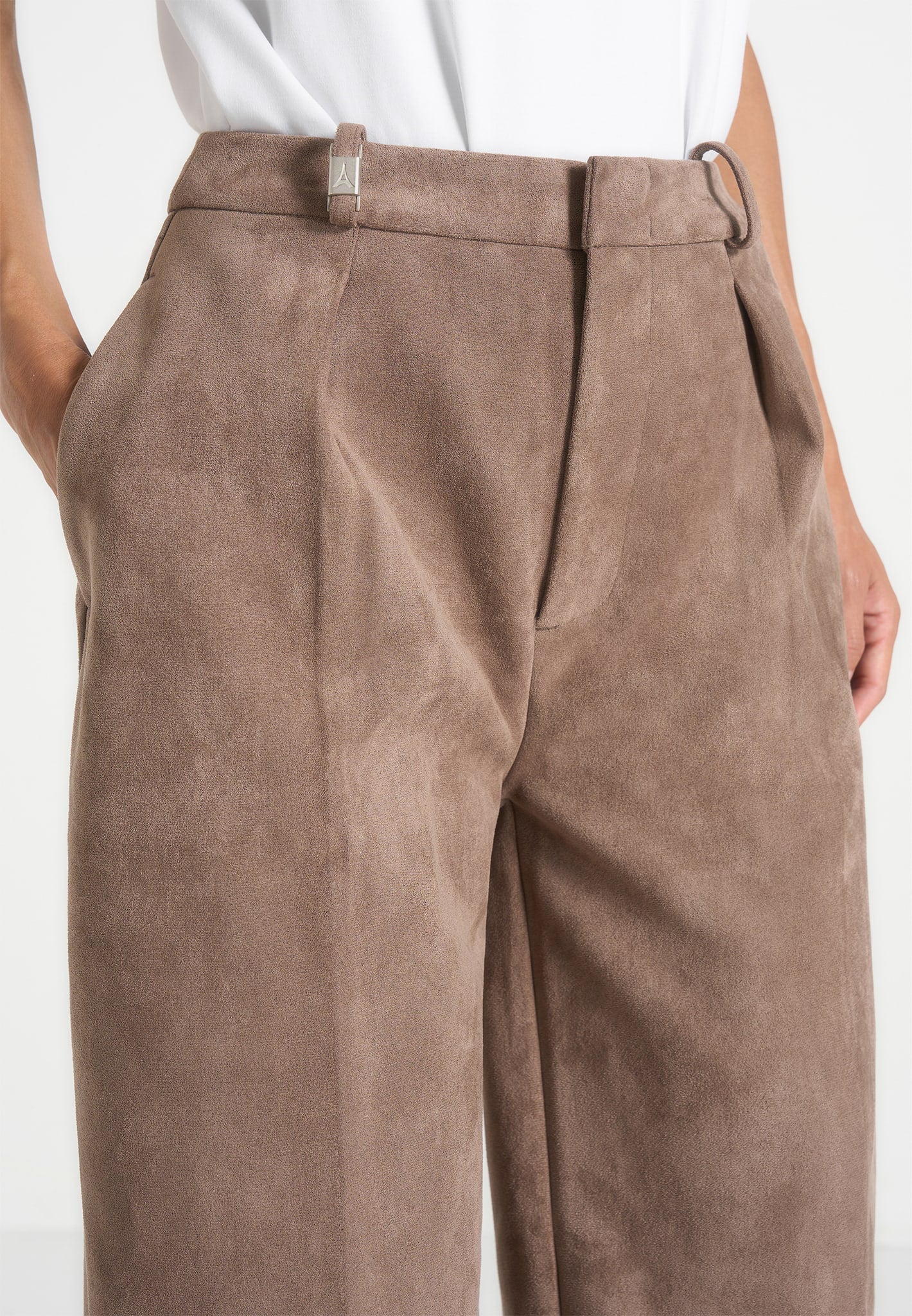 Solene - Suede Wide Leg Pleated Trousers - Taupe - Image 3