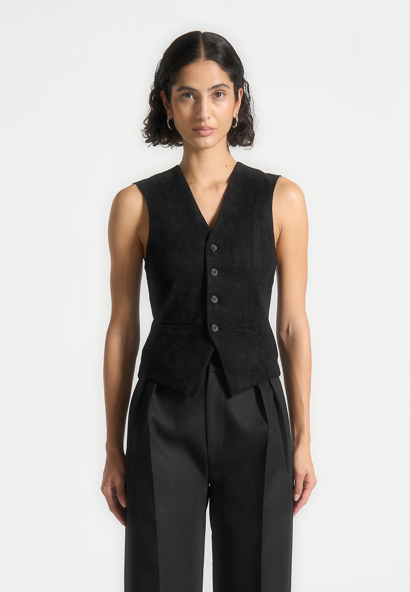 Christine - Suede Cinch Waistcoat - Black - Image 3