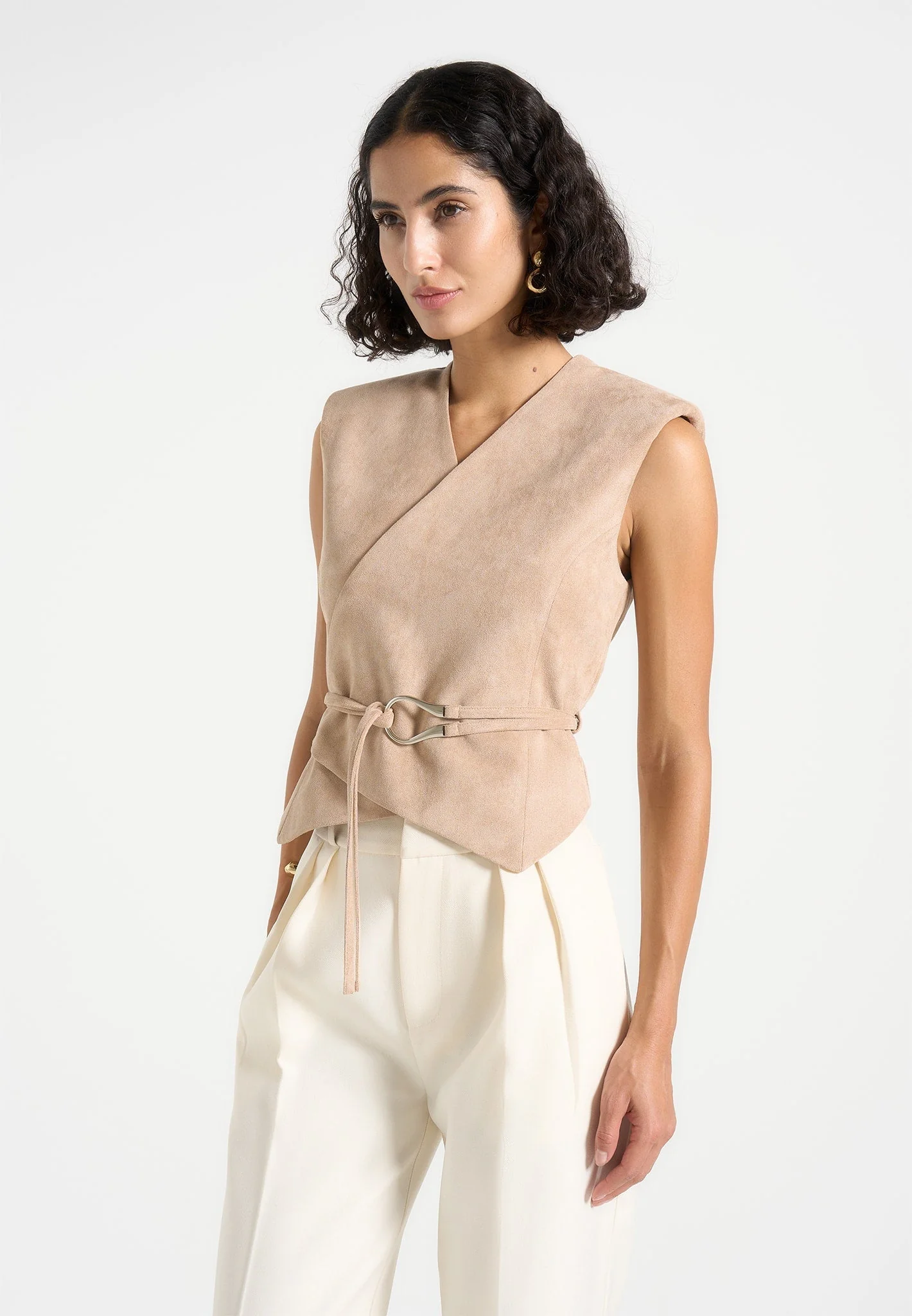Jeanne - Suede Wrap Waistcoat with Belt - Taupe - Image 3