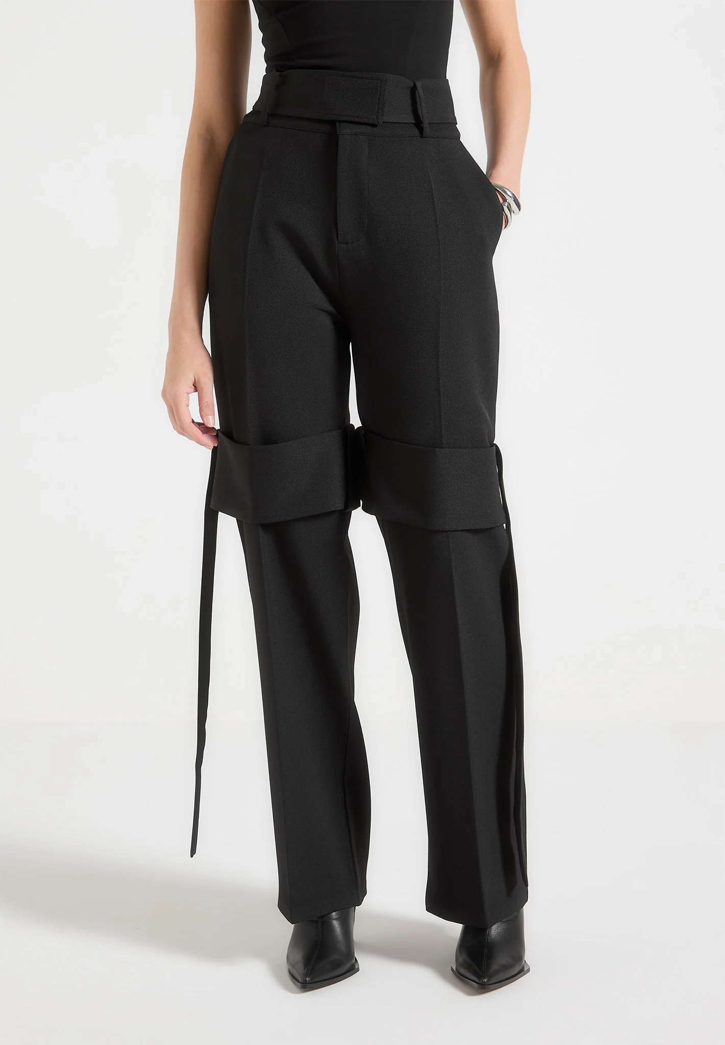 Isabelle - Tailored Belted Strap Detail Trousers - Black - Image 3