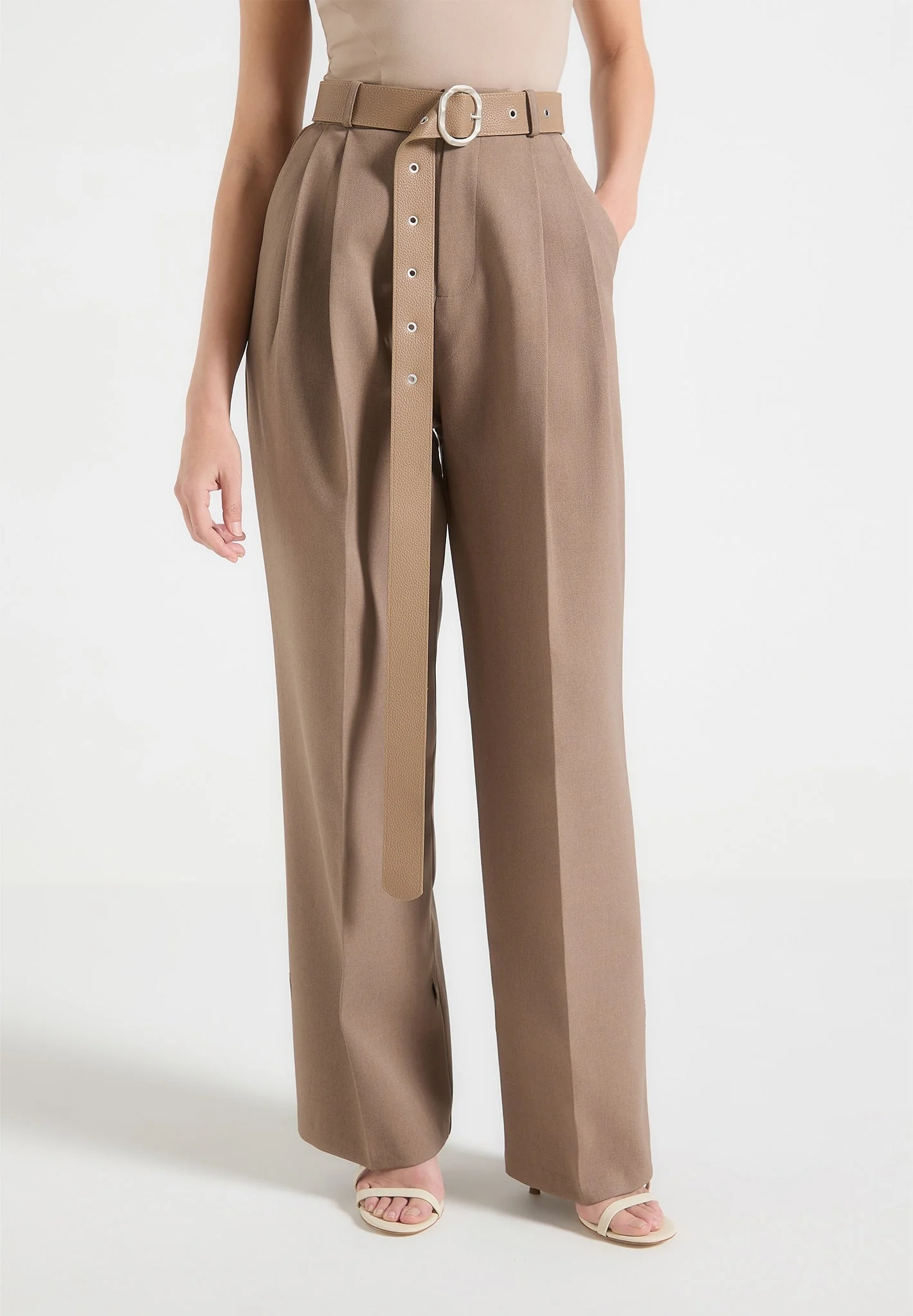 Suzanne - Tailored Trousers with Oversized Belt and Ankle Ties - Taupe - Image 6