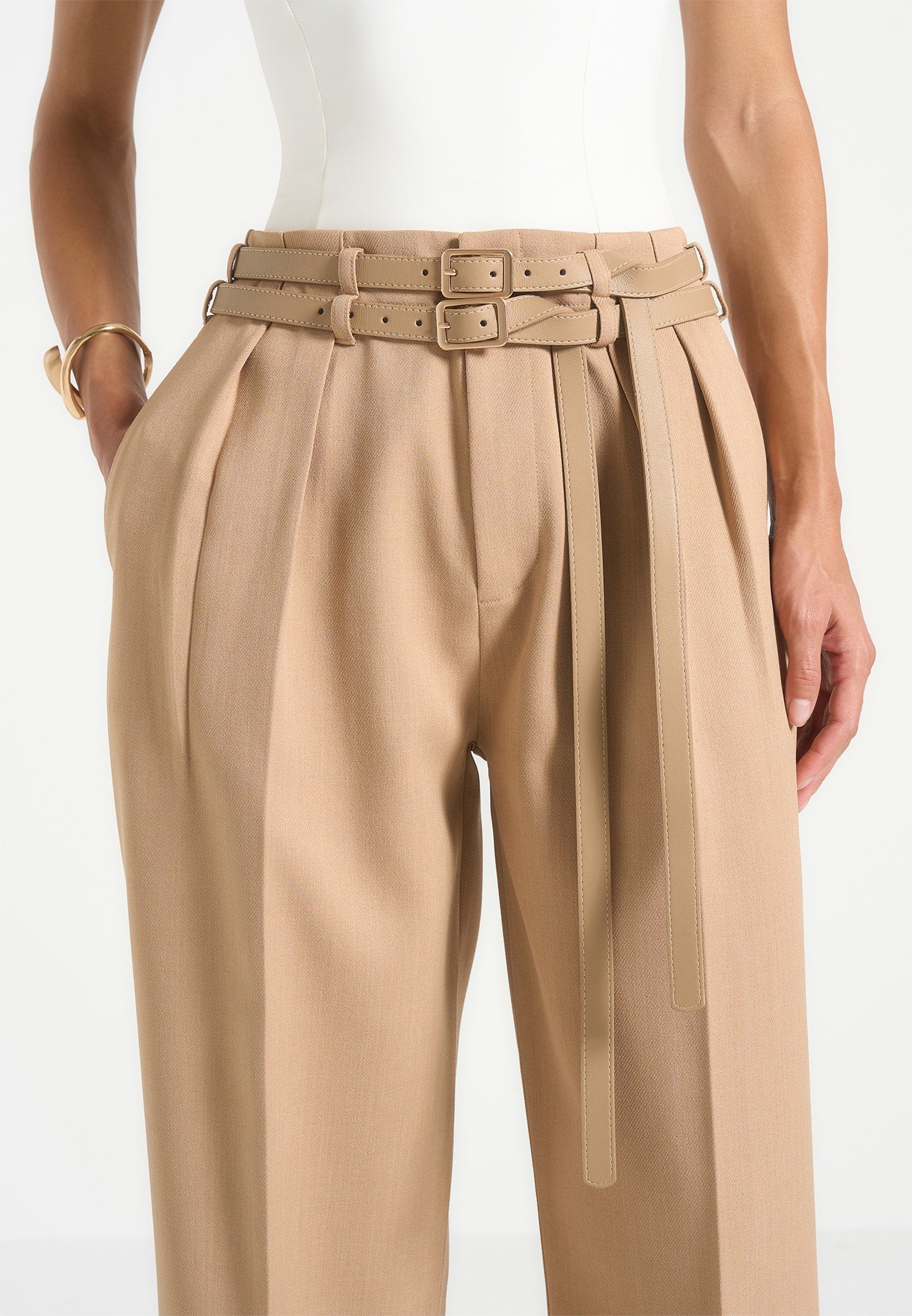 Pascale - Tailored Twin Belt Trousers - Dark Beige - Image 2