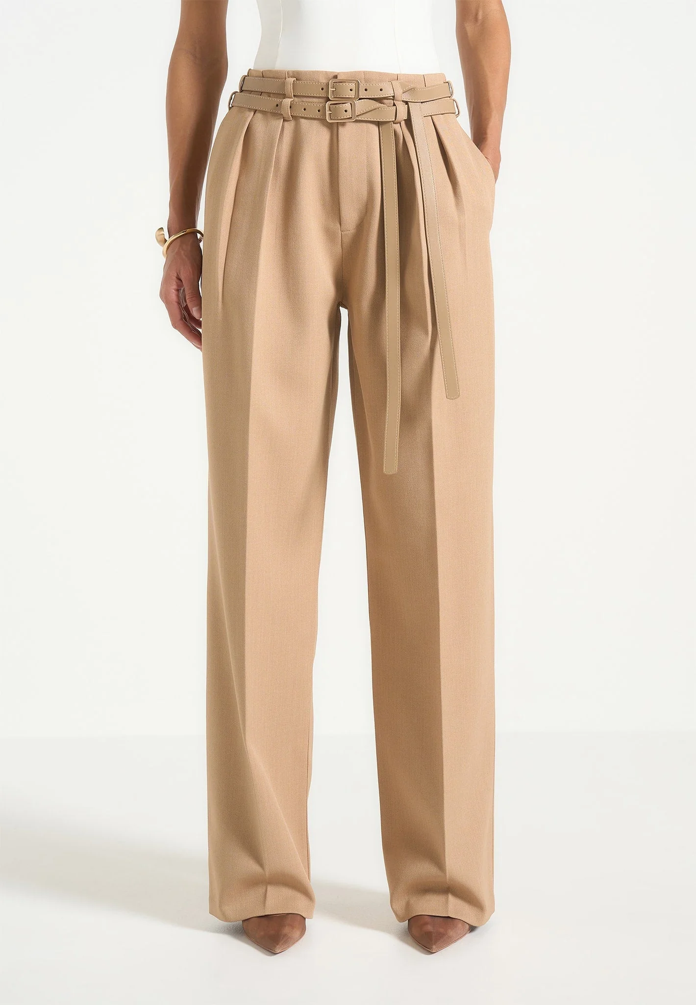 Pascale - Tailored Twin Belt Trousers - Dark Beige - Image 3