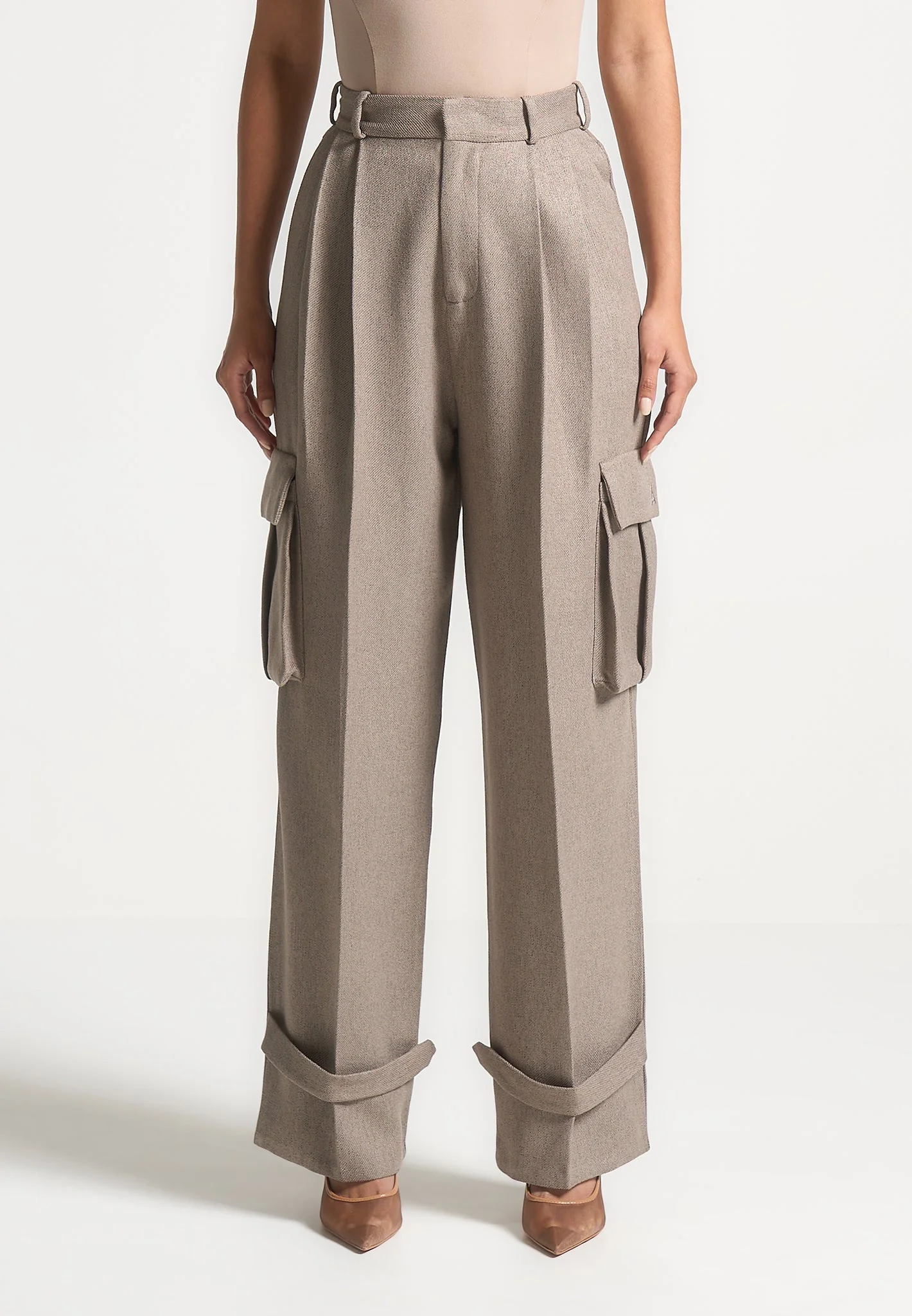 Danielle - Textured Tailored Pleated Cargo Trousers - Taupe - Image 4