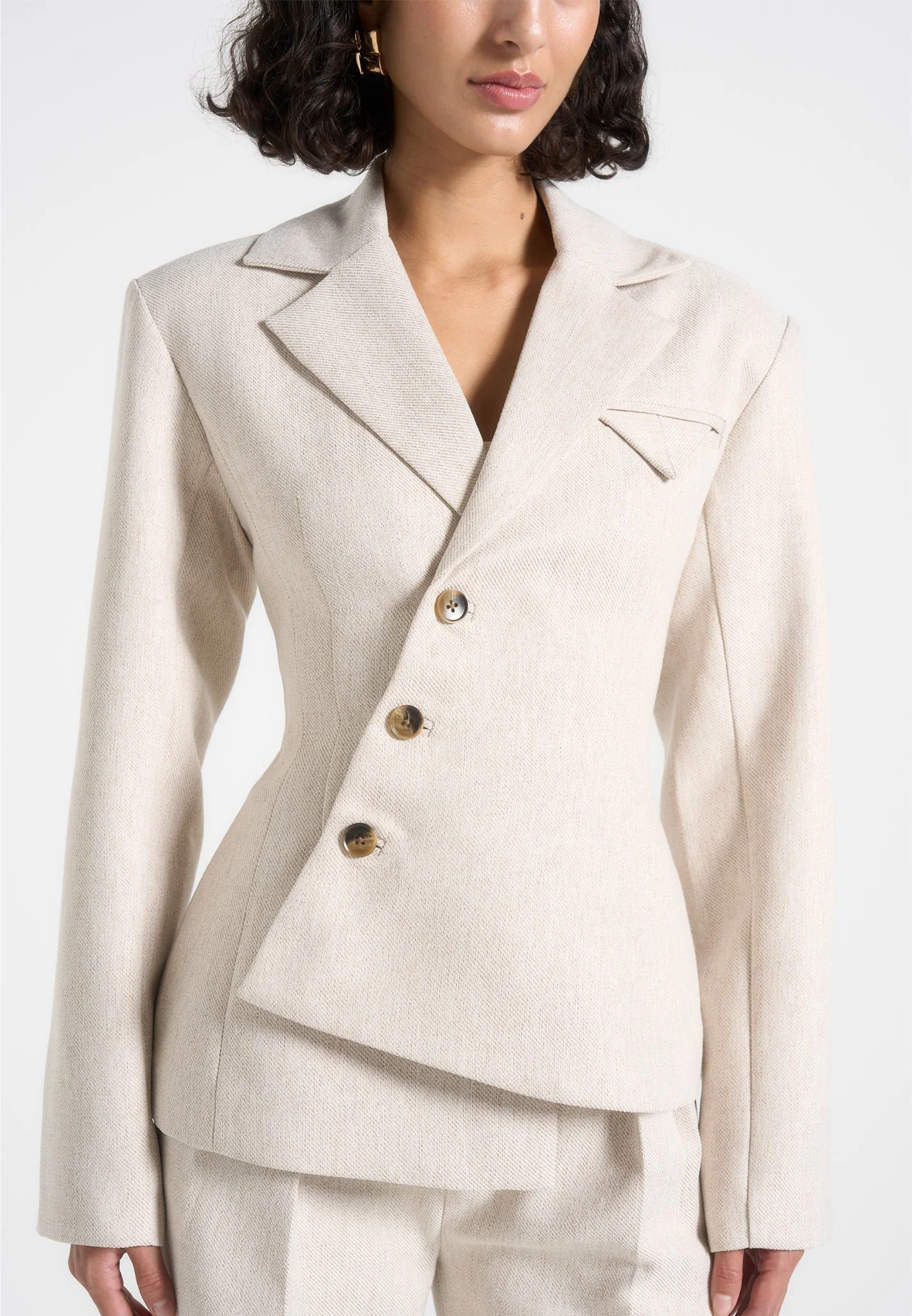 Thalia - Tailored Asymmetric Double Breasted Blazer - Light Beige - Image 3