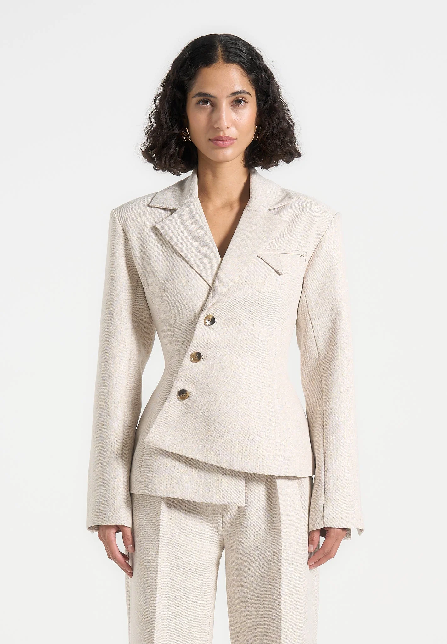 Thalia - Tailored Asymmetric Double Breasted Blazer - Light Beige - Image 4
