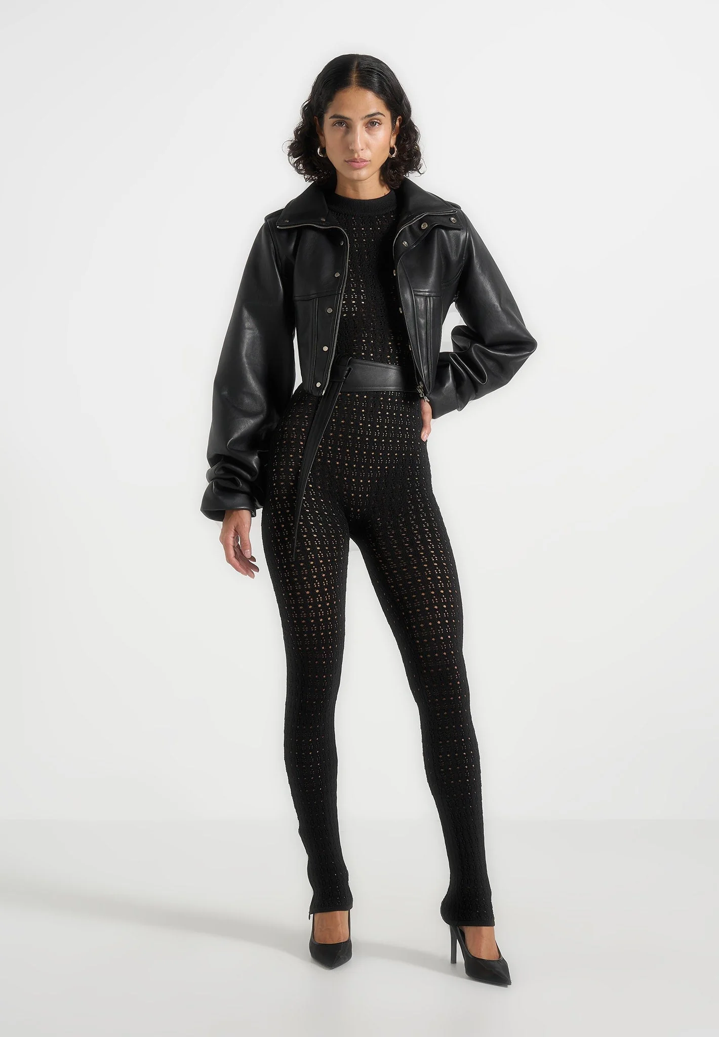 Tiana - Pointelle Knit Long Sleeve Jumpsuit with Belt - Black - Image 2