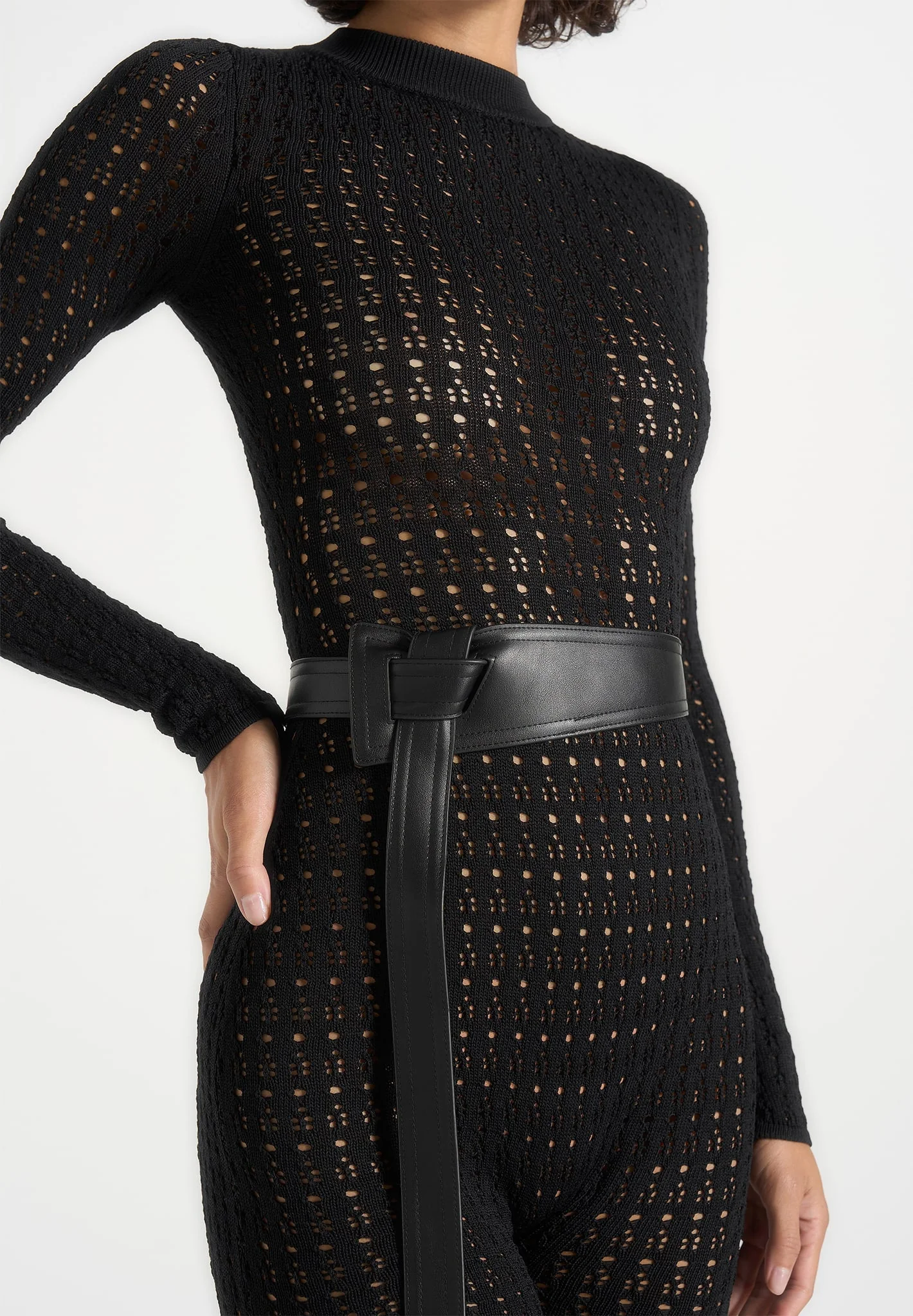 Tiana - Pointelle Knit Long Sleeve Jumpsuit with Belt - Black - Image 4