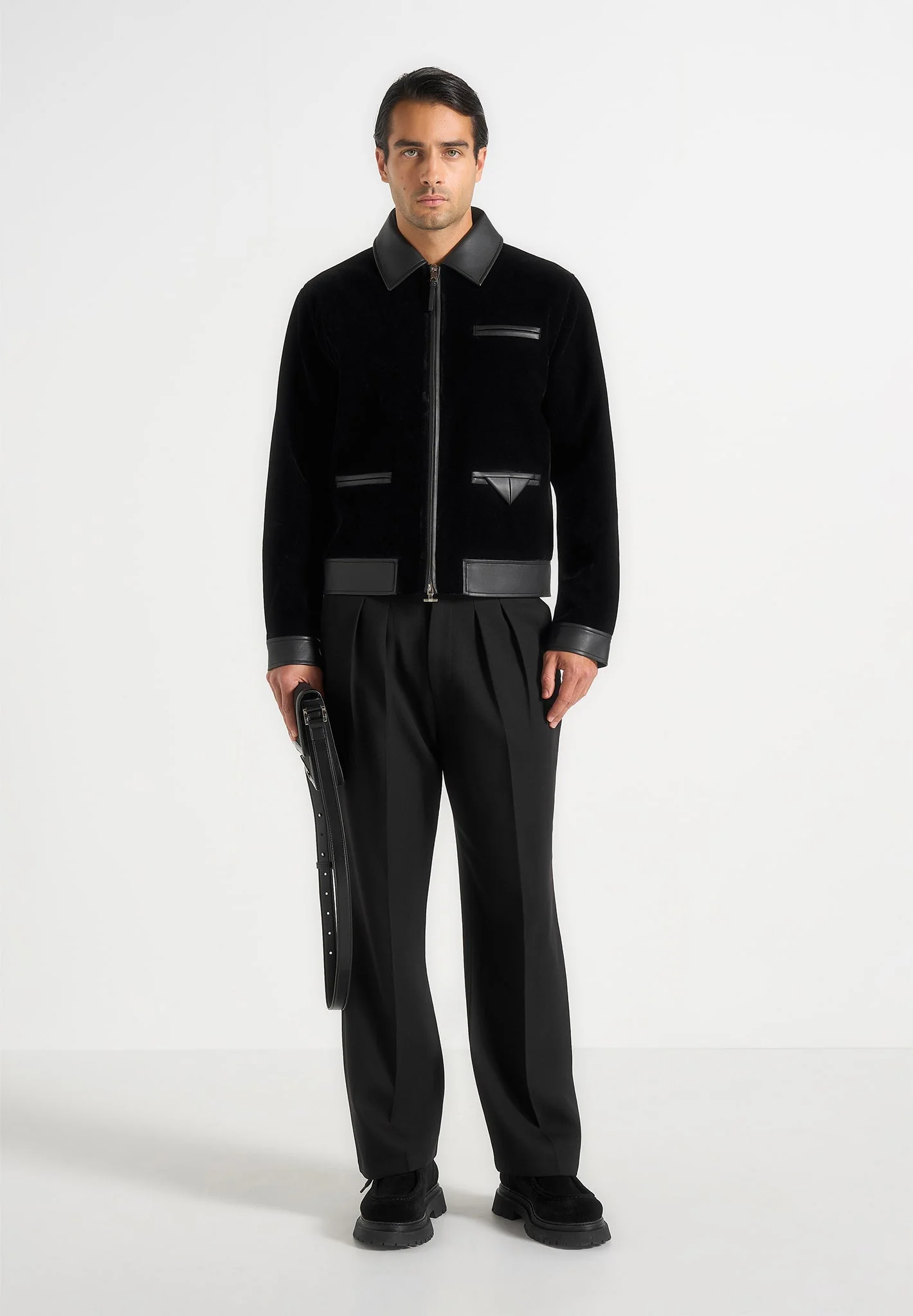 Tony - Velvet & Leather Contrast Jacket - Black - Image 2