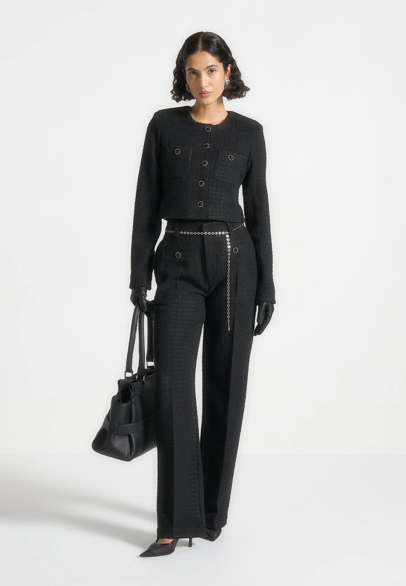 Nathalie - Tweed Trousers with Belt - Black - Image 2