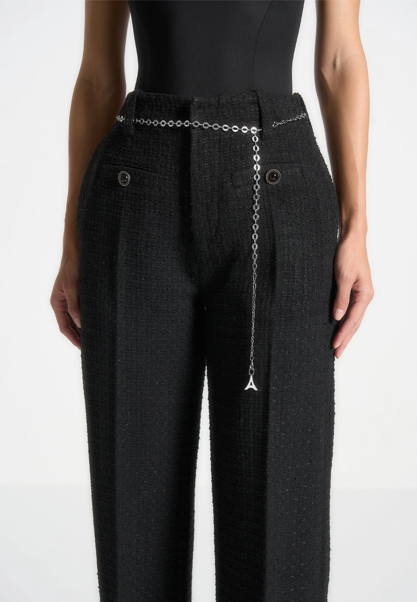 Nathalie - Tweed Trousers with Belt - Black - Image 3