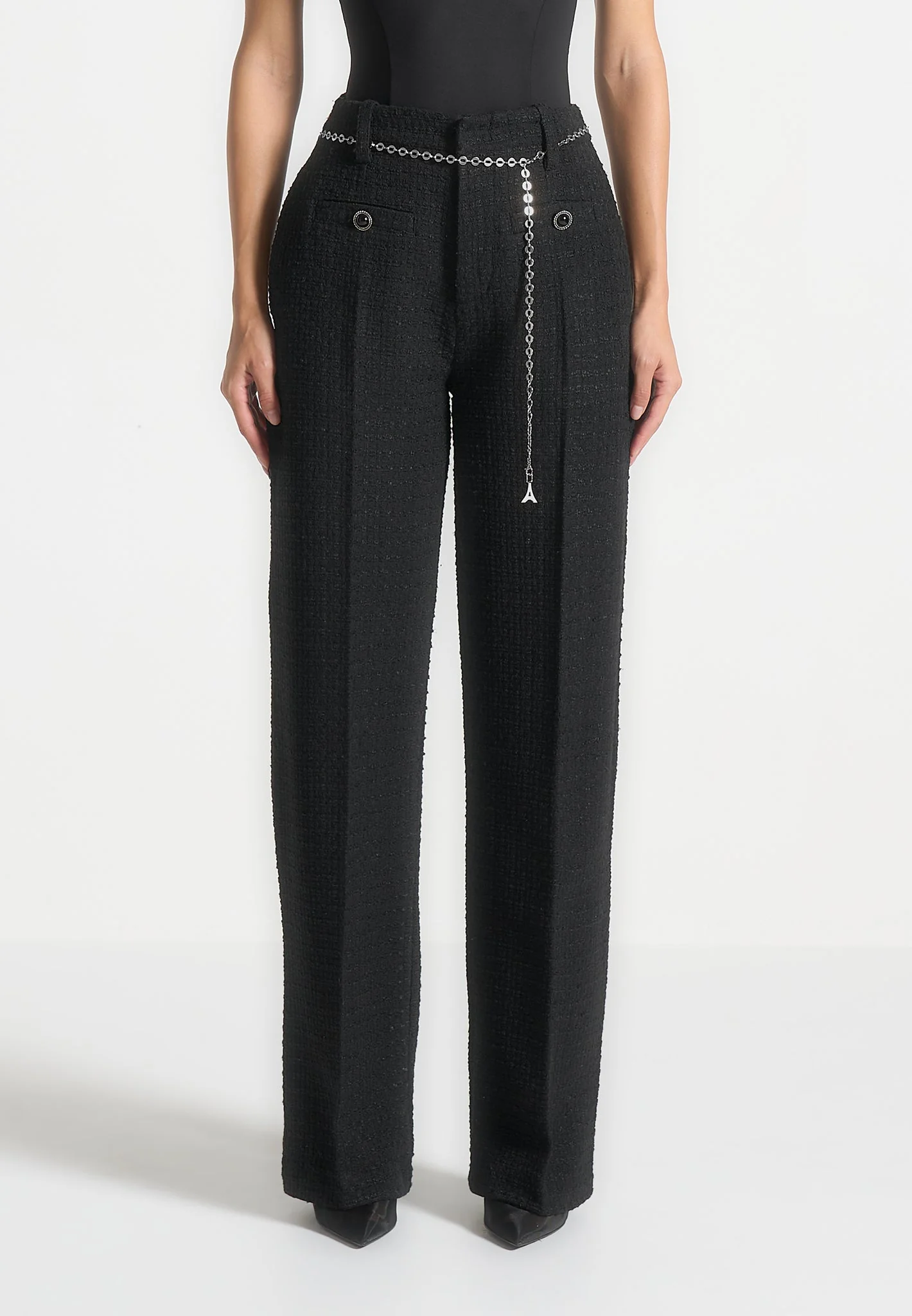 Nathalie - Tweed Trousers with Belt - Black - Image 5