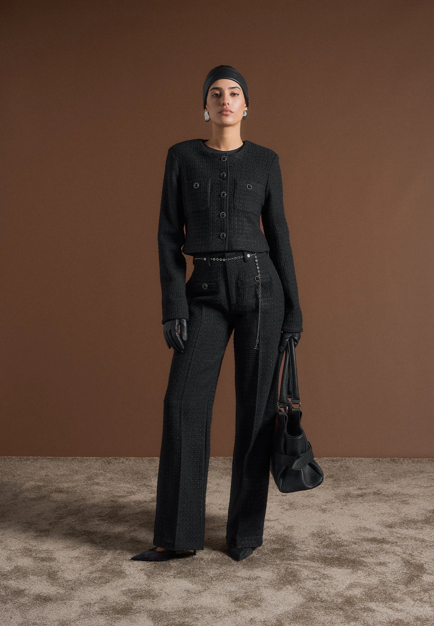 Nathalie - Tweed Trousers with Belt - Black - Image 6