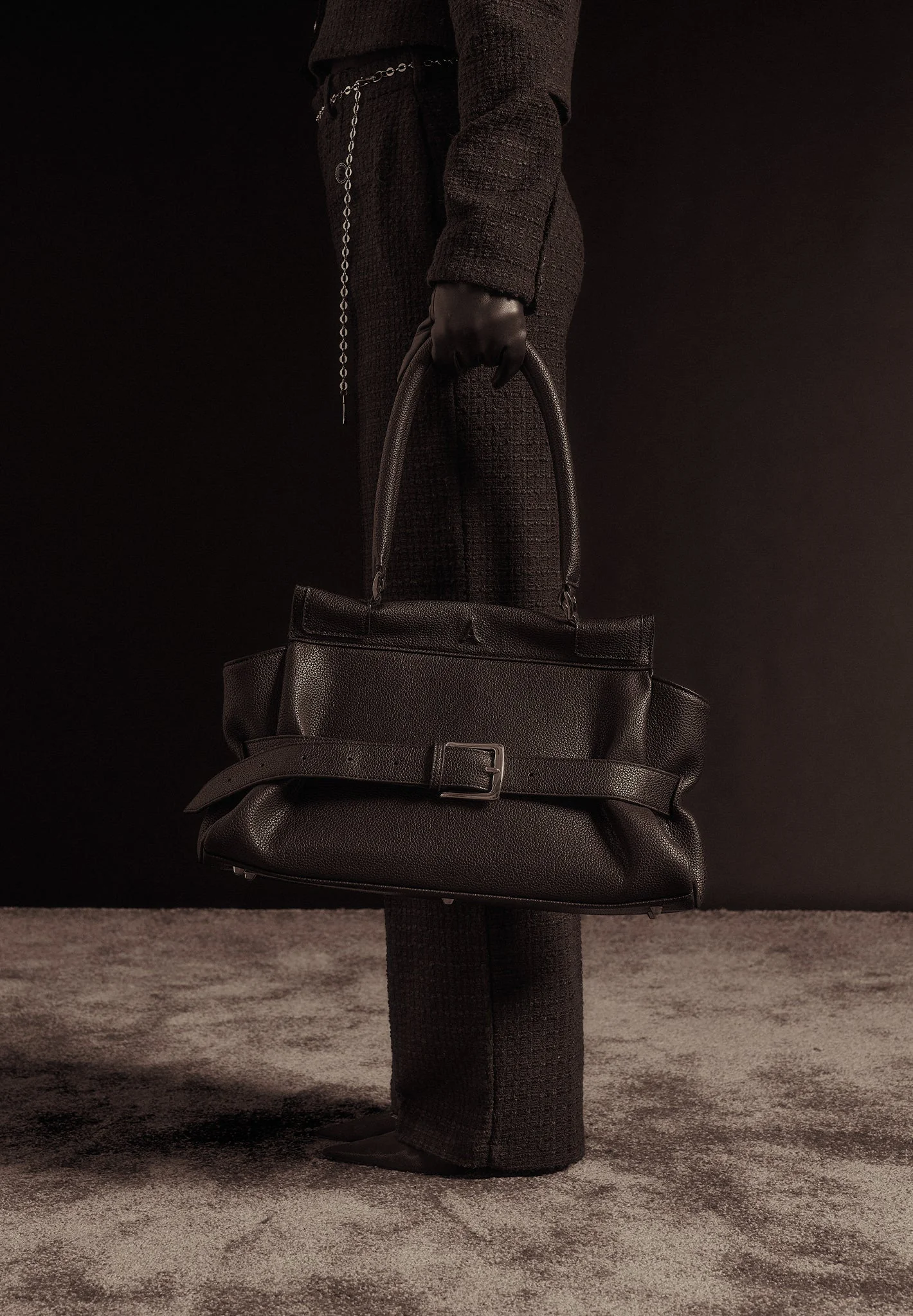 Nathalie - Tweed Trousers with Belt - Black - Image 7
