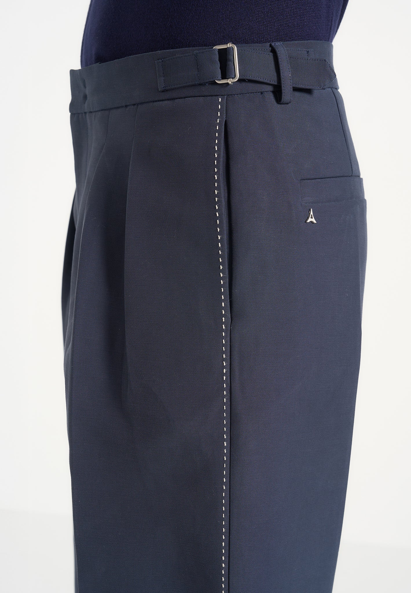 Nolan - Twin Pleat Chino Trousers with Stitch Detail - Navy - Image 3